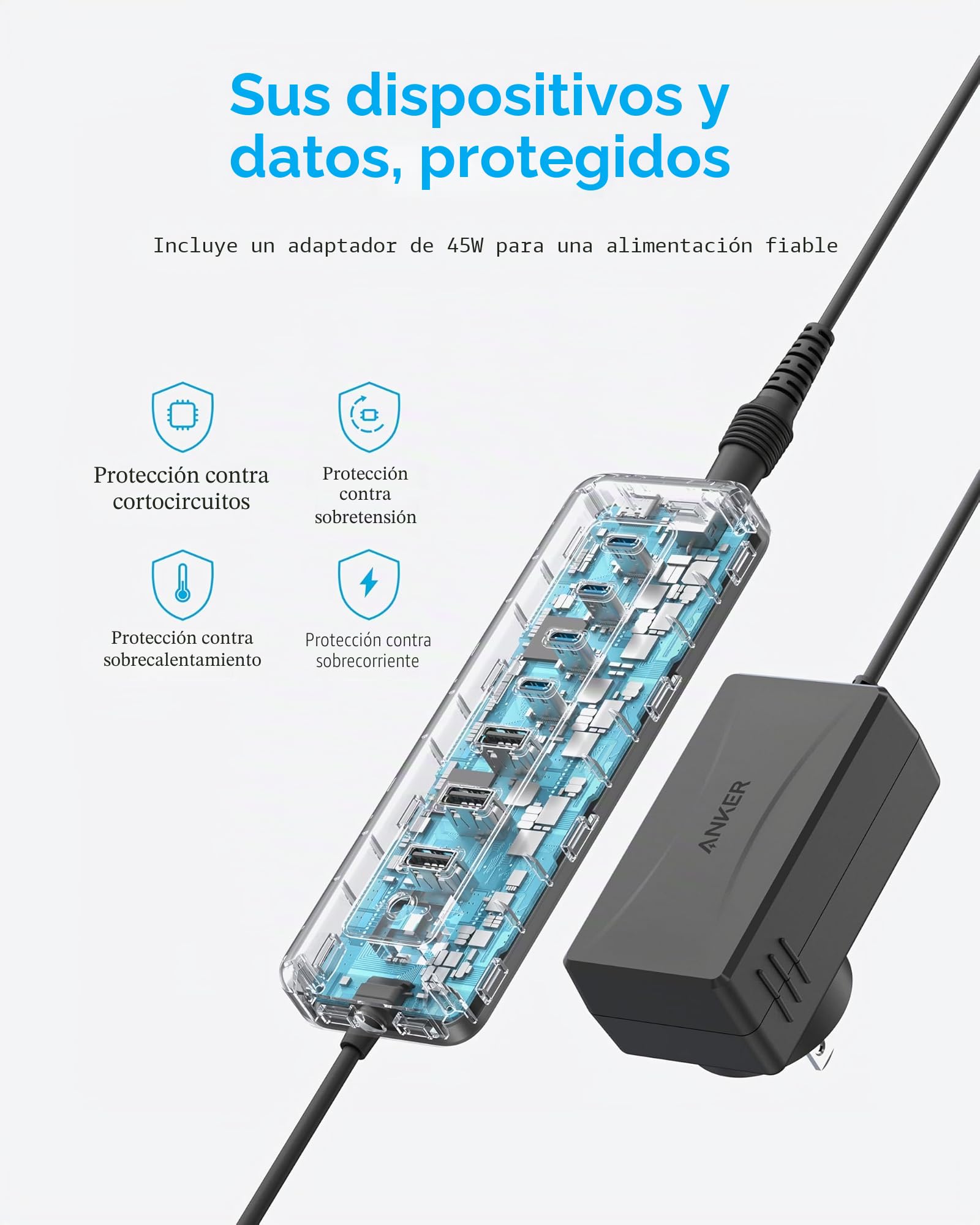 Anker Hub USB C, Hub USB con 8 Puertos USB 3.0, Divisor USB, 100W USB-C PD-IN con 4 Puertos USB-C y 3 Puertos USB-A, Conector USB 2 en 1, para MacBook, iPad, cámara y más (Adaptador de 45W Incluido)