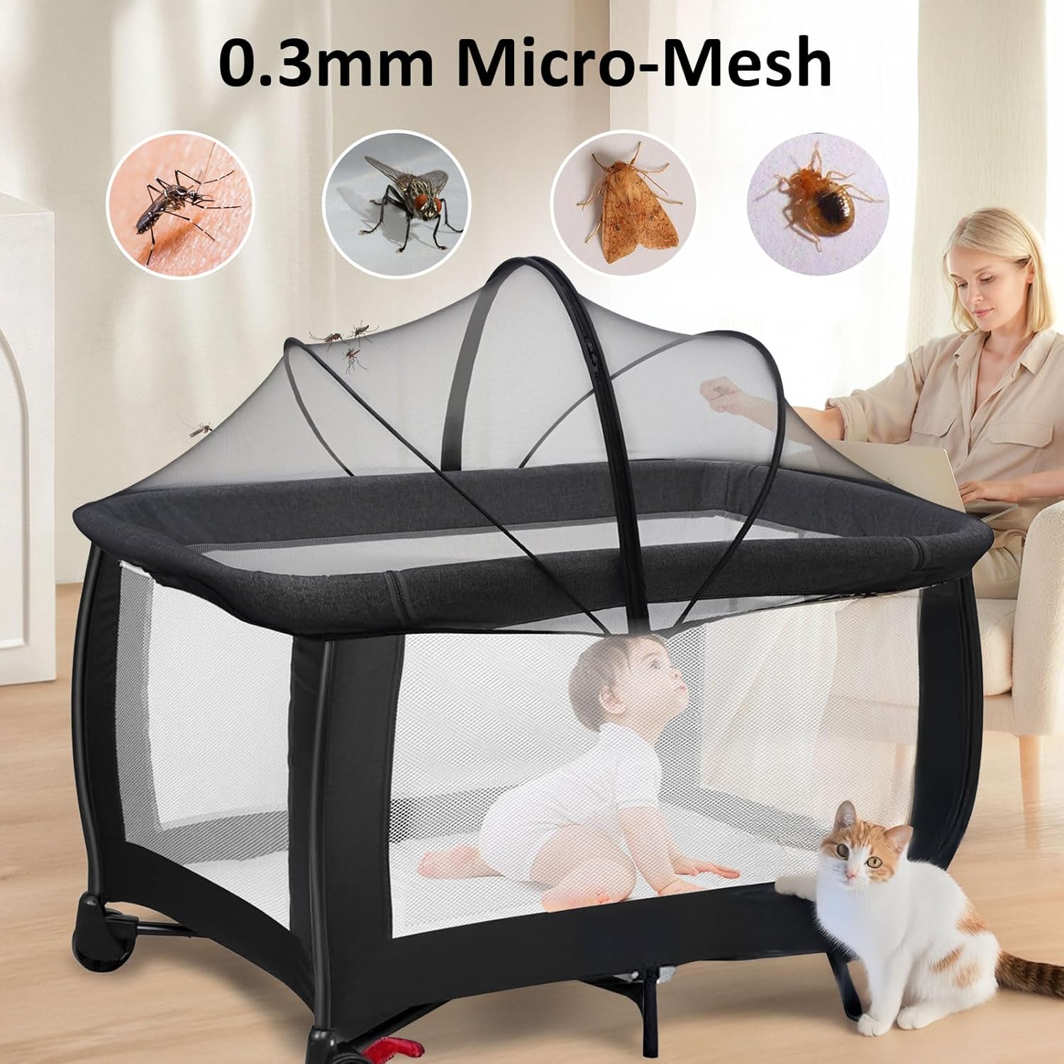 Pack n Play Cover, Travel Crib Net, Pack and Play Mosquito Net Cover with 2-Way Zipper for Playpen, Mini Crib, Twin Bassinet to Keep Cats Out, Black