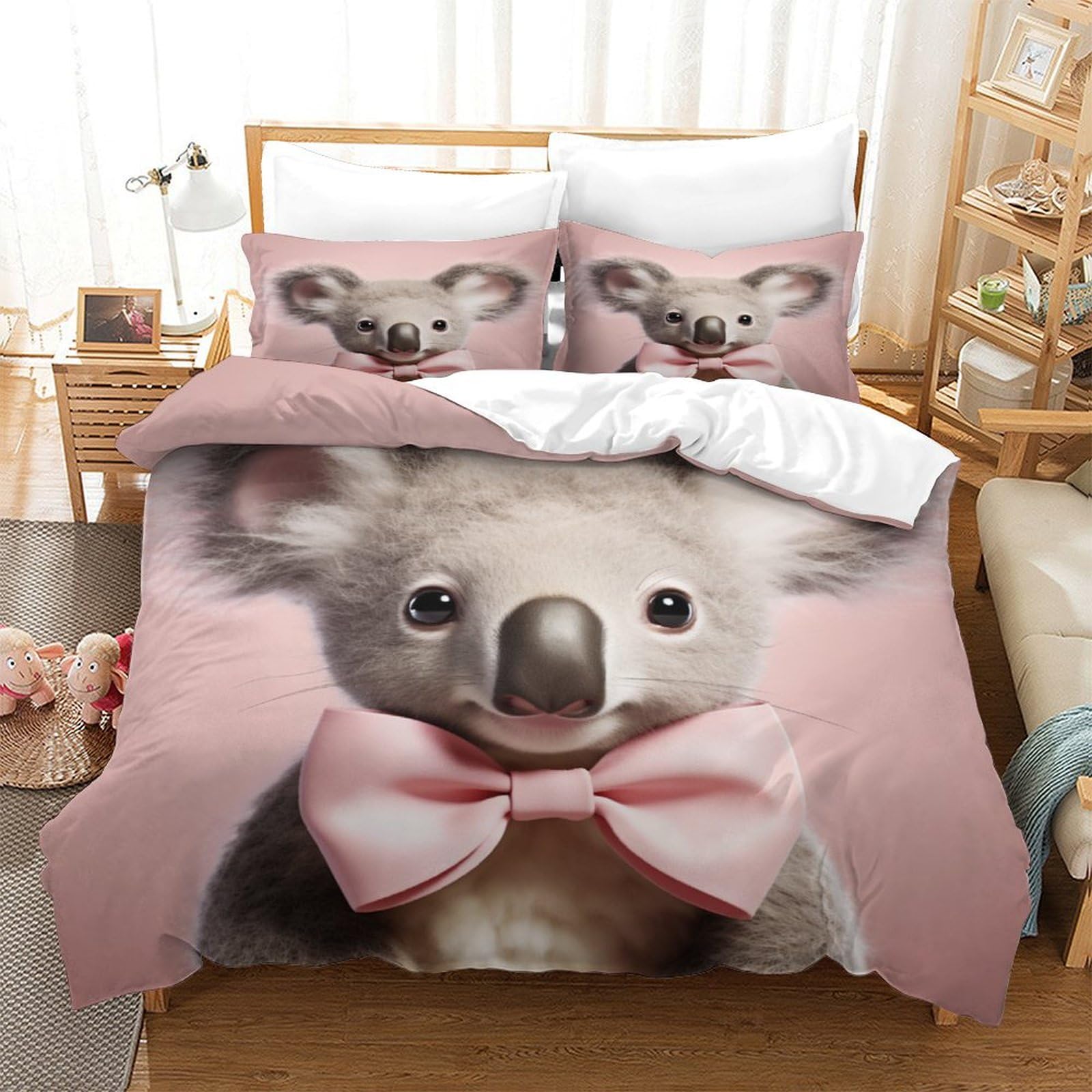 P1S9U7W5Y Adorable Koala Bow 3D Printed Duvet Cover Set 3 Pieces Microfiber Bedroom Decor Koala Bedding Set Soft Breathable for Teen Adult Room Double（200x200cm）