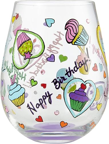 Miniatura 3 de Enesco 6006946 Designs by Lolita Birthday Cupcakes - Copa de vino artesanal sin tallo, pintada a mano, 20 onzas, multicolor