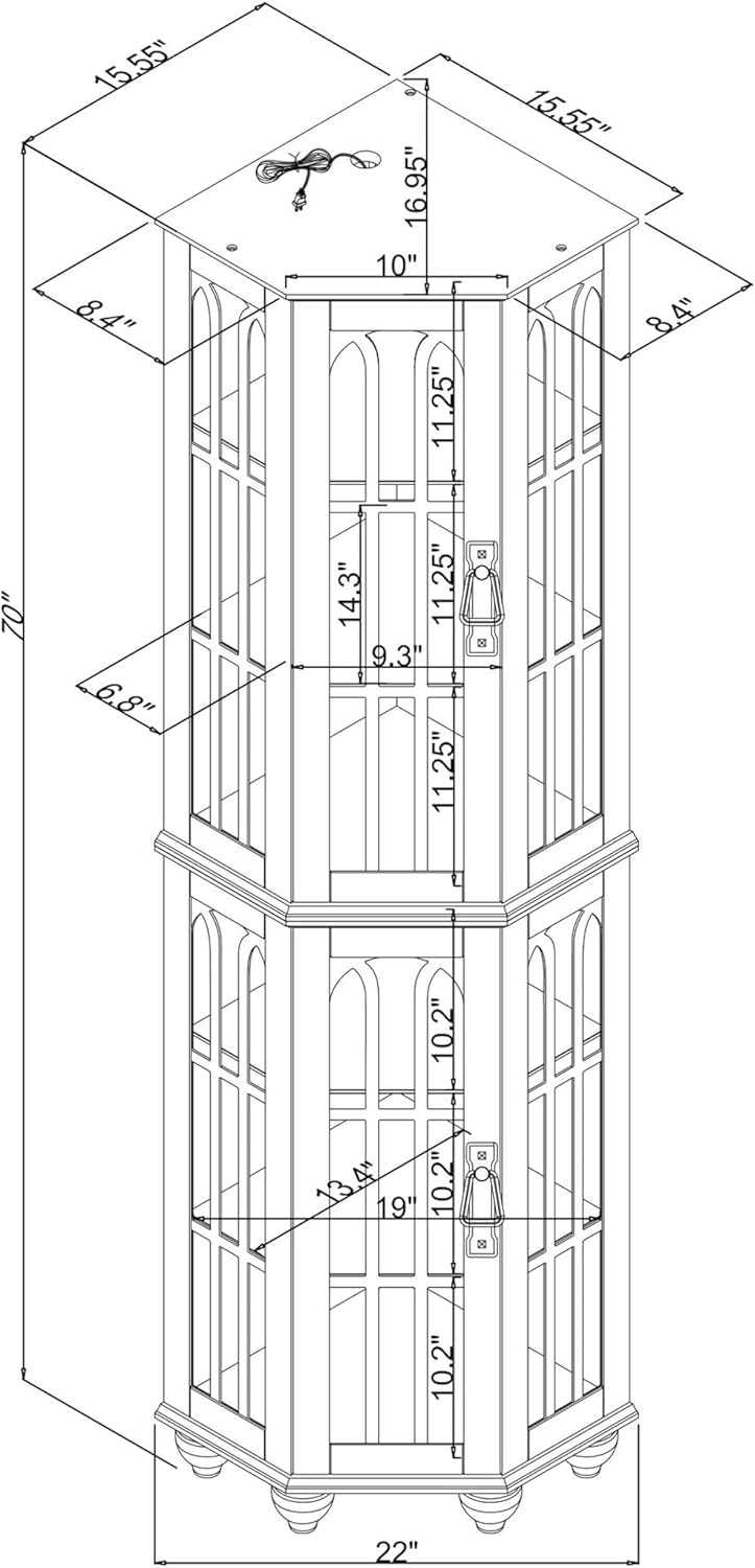 Tall ​Corner Cabinet with Glass Doors Glass Display Curio Cabinet with Adjustable Shelves Home Office Floor Standing Display Cabinet for Bar Liquor Storage Medal E26 Light Bulb Not Included White