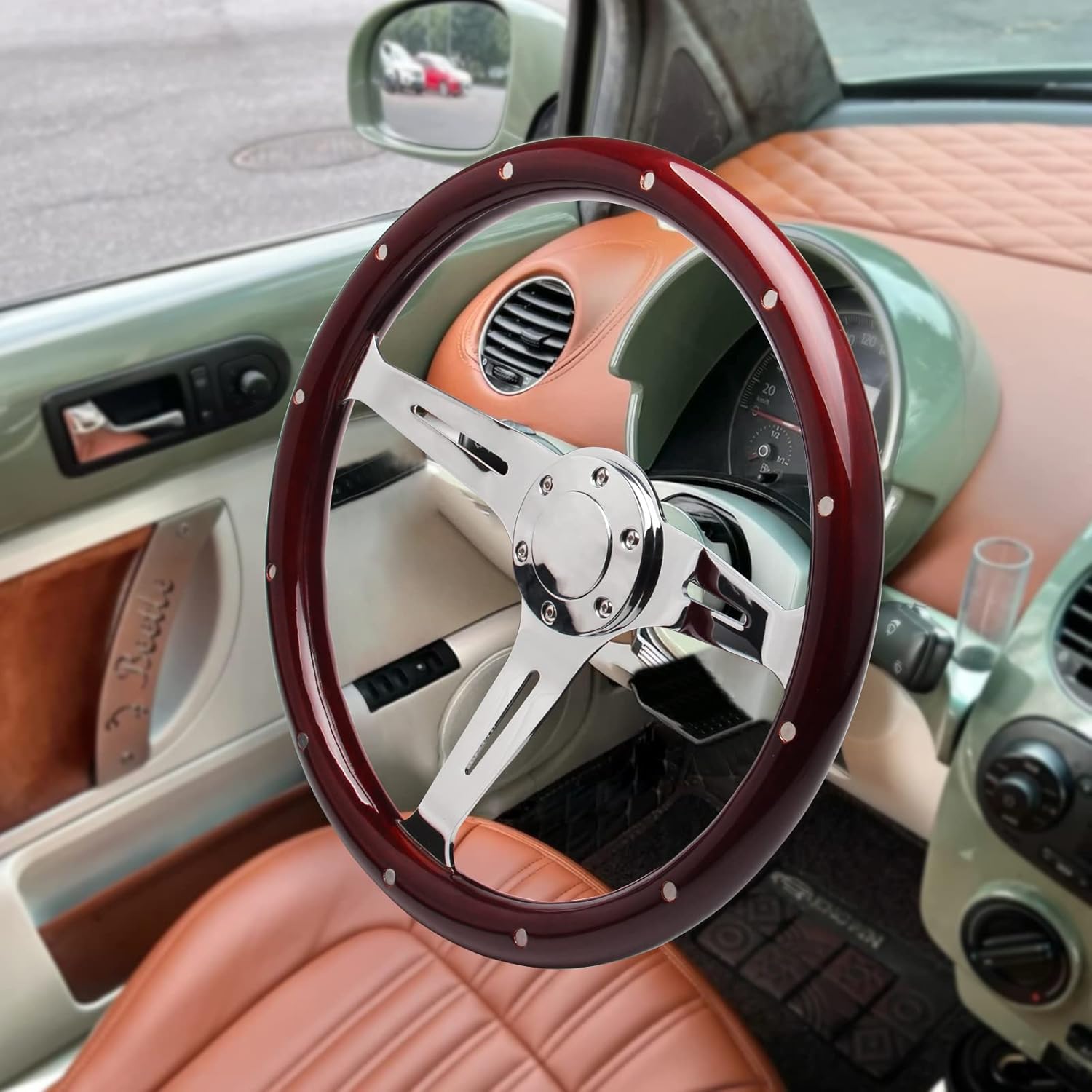 15" Classic Wood Grain Steering Wheel Riveted Light Wood Grip Universal Automotive Steering Wheels Slotted 3 Spoke with Horn Button