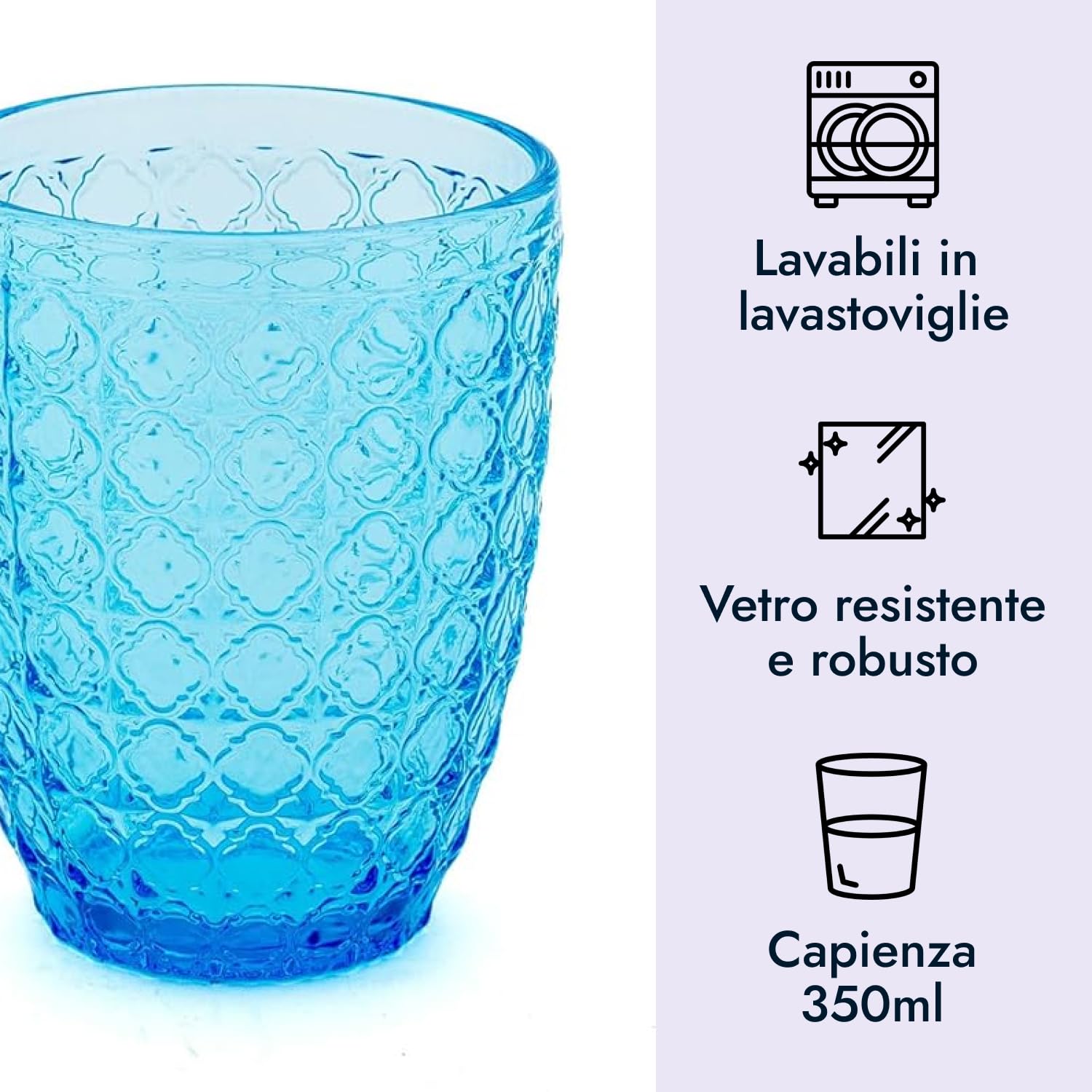 Evviva Bicchieri Acqua Vetro, Set da 6, Bicchieri in Vetro Colorati, Moderni, Particolari, Capacità 350 ml, Lavabili in Lavastoviglie. Colore: Azzurro