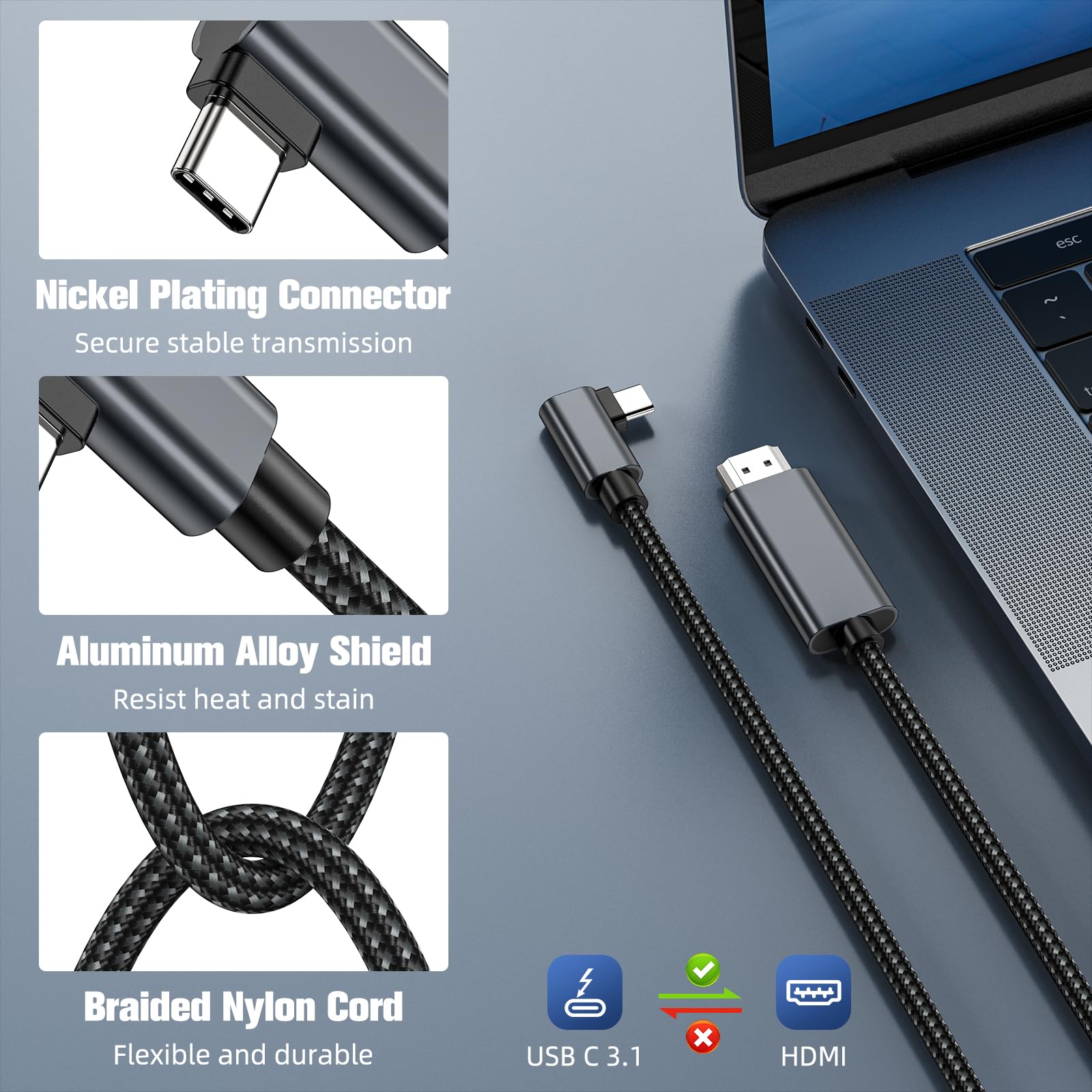 Cavo da USB C a HDMI, 2m Cavo USB Tipo C HDMI, Angolo Retto 4K Tipo C Thunderbolt 3/4, Compatibile con iPhone 15 Pro, MacBook Pro/Air, Galaxy S23/S22/S21, Note 20, Surface Pro