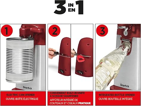 Starfrit Electric Can Opener, Hands-Free, 3-in-1, Comfort Grip, Red