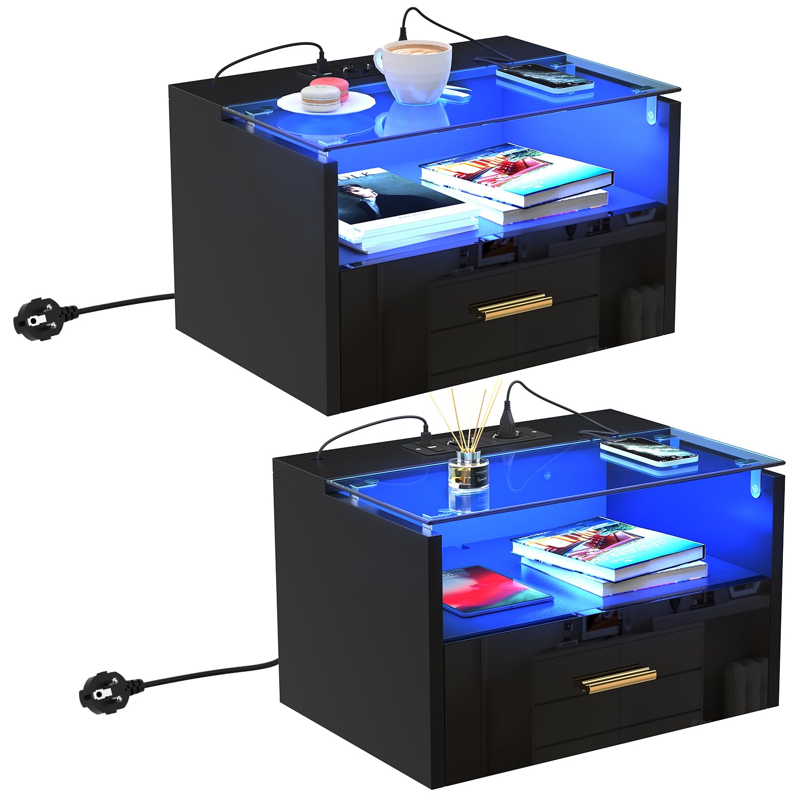 2er Set Nachttisch Hängend mit Steckdose, Nachtschrank Wandmontage, Nachtkästchen Schwebend mit Led, Wandregal mit Schublade für Wohnzimmer, Schlafzimmer (Schwarz, 42x30x24.5cm)