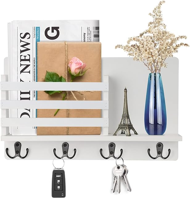 Wall Mount Entryway Key Holder Hooks,Wood Key Holder Organizer,Wall Mounted Mail Holder,Mail Envelope Organizer, Letter Sorter, Newspaper Storage, Ornament Home Decorative Floating Shelf (White)