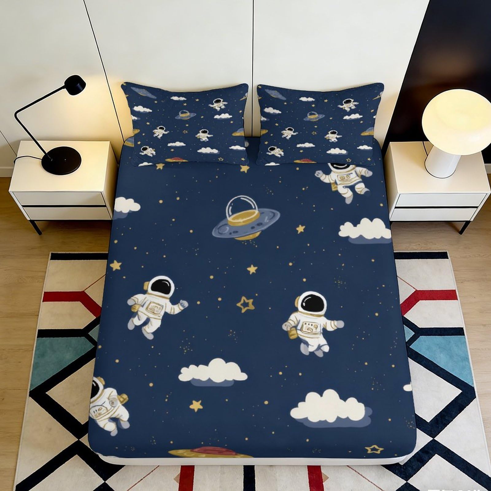 Pnayamiorkfel Style-8 3D Printed Space Astronaut Fitted Sheet Microfiber Navy Blue Planet Mattress Cover For Bedroom Guestroom Dustproof Decor 90X200x25cm