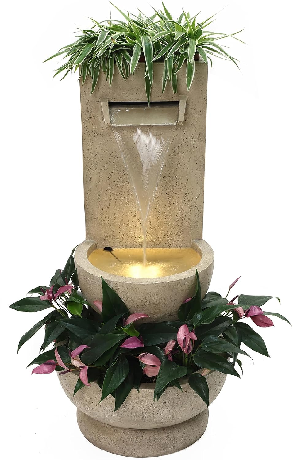 LuxenHome 33" Outdoor Water Fountain with Planter, Resin Outdoor Fountain with LED Lights, Garden Water Feature for Backyard, Porch