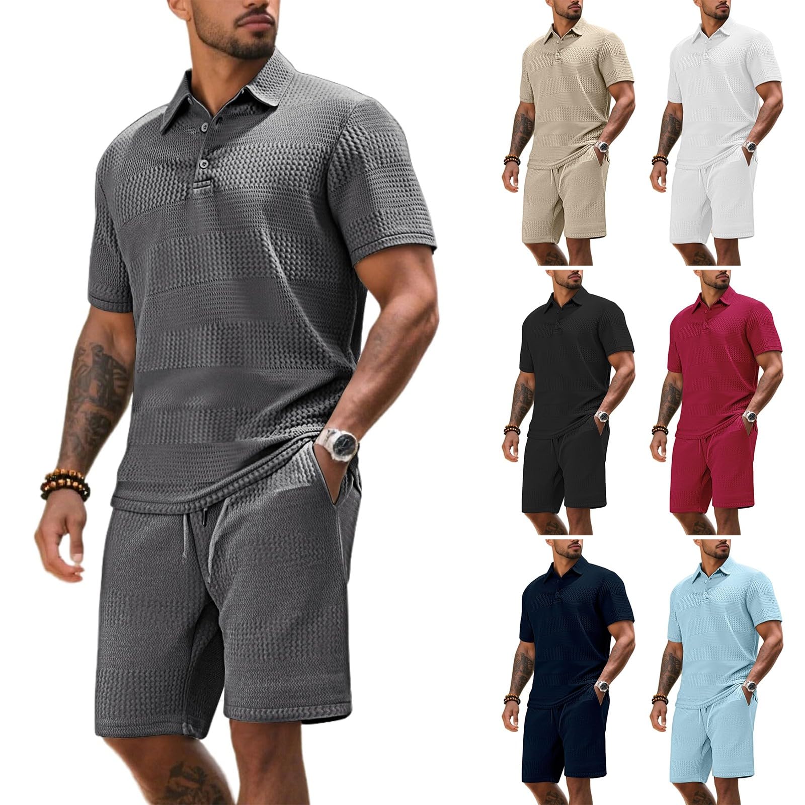 Elegantes trajes de verano para hombre, traje de verano con polo y pantalones cortos, traje casual con impresión, traje de salón transpirable, cómodo, traje de trabajo clásico para hombres