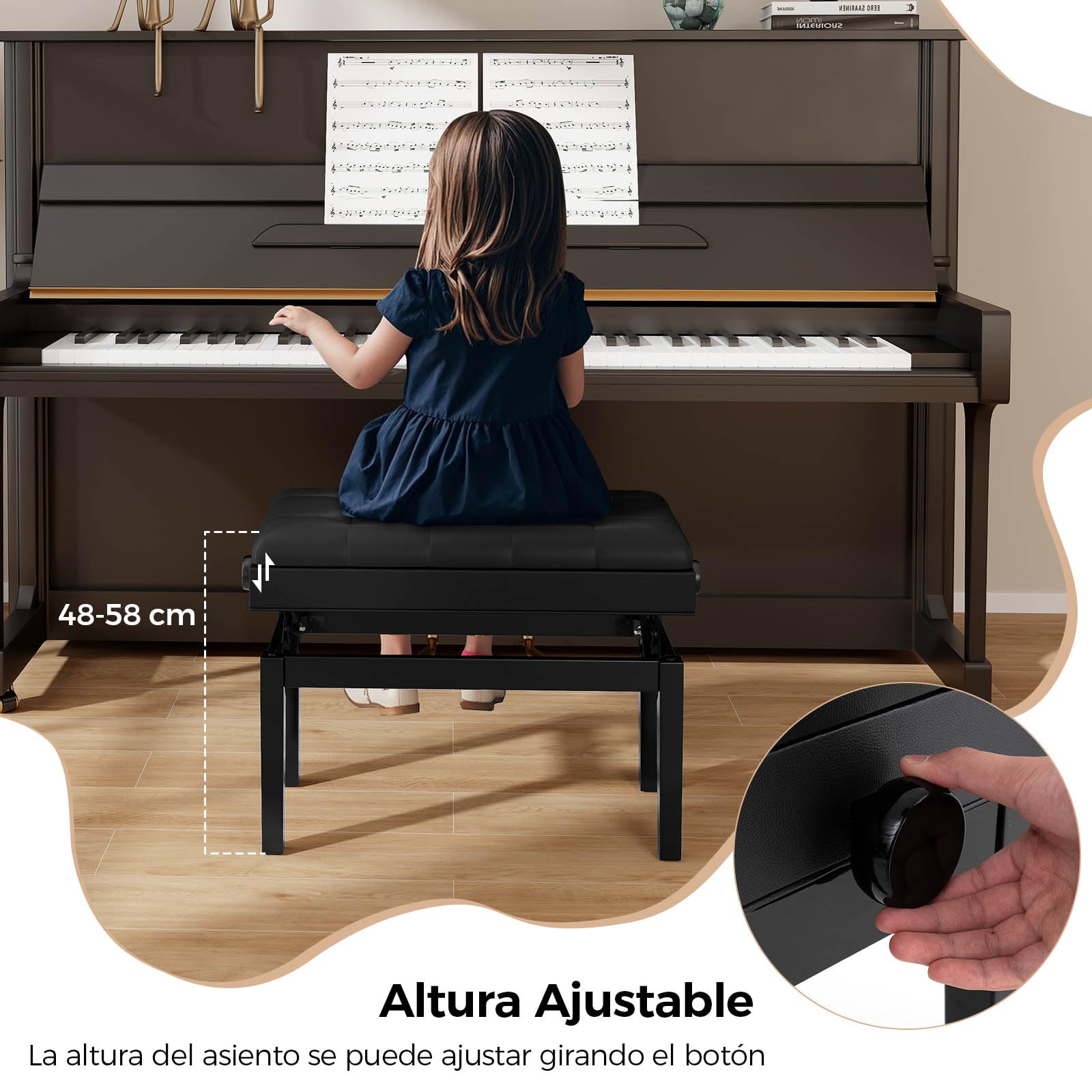 GIANTEX Banco para Piano con Altura Ajustable 48-58 cm, Banqueta Piano Tapizada para 2 Personas, Taburete con Espacio de Almacenamiento y Patas Antideslizantes, Negro