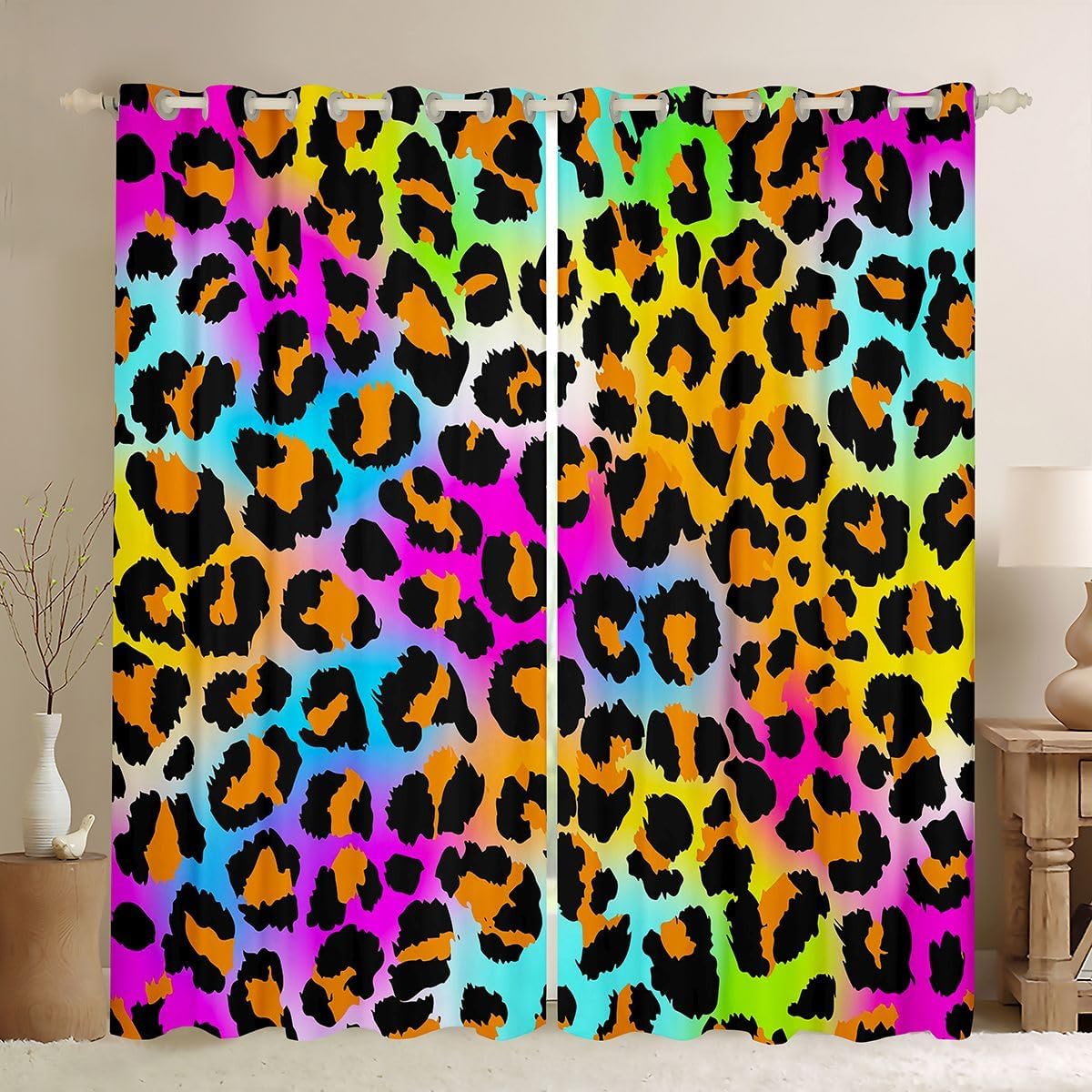 Feelyou Leopard Curtains Neon Rainbow Leopard Fur Window Drapes Mottled Exotic Panthera Skin Window Curtains for Bedroom Decor Colorful Camouflage Safari Theme Window Treatments, 42x63 Inches,2 Panels