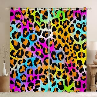 Feelyou Leopard Curtains Neon Rainbow Leopard Fur Window Drapes Mottled Exotic Panthera Skin Window Curtains for Bedroom Decor Colorful Camouflage Safari Theme Window Treatments, 42x63 Inches,2 Panels