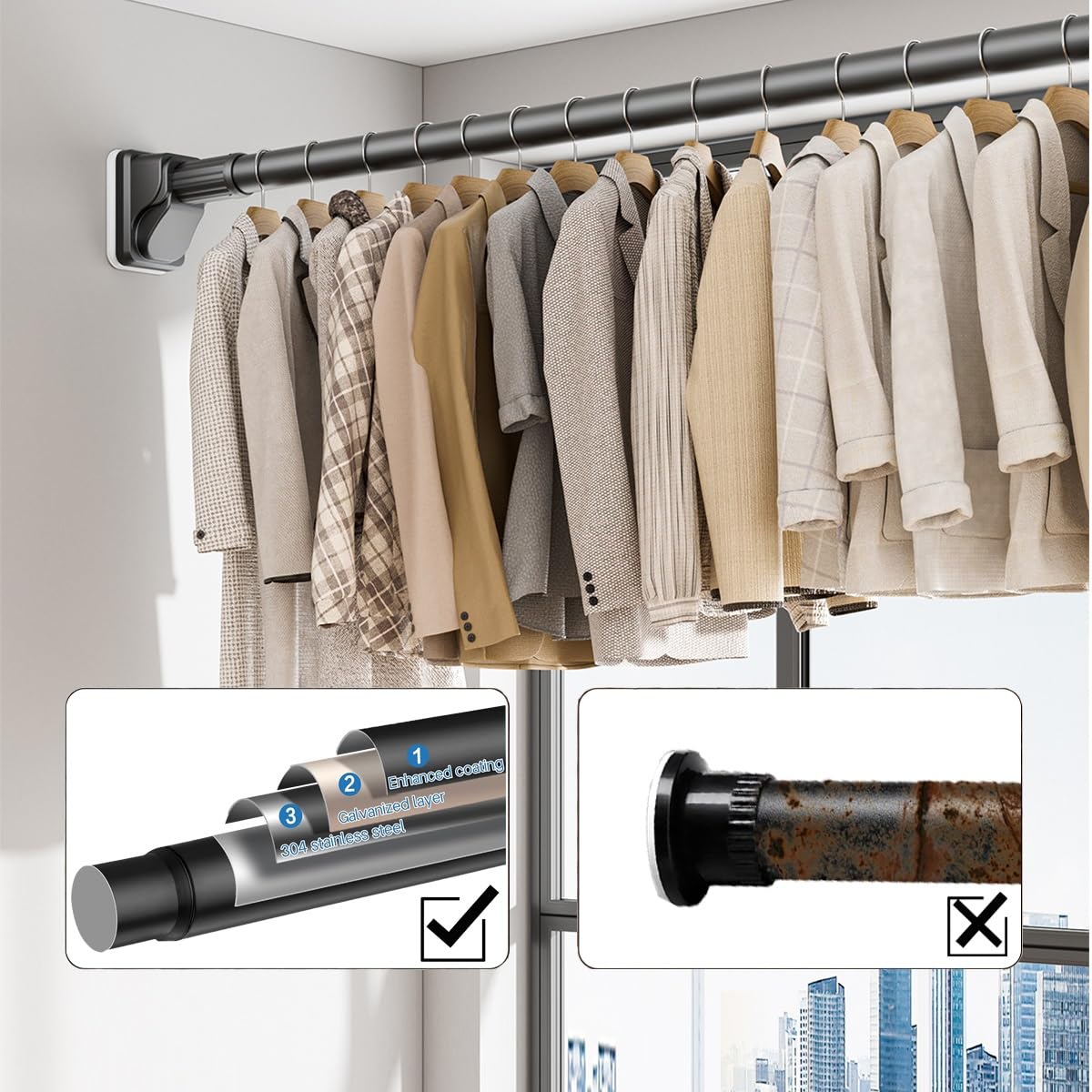 Barra de ducha ajustable sin taladro, 40490 cm, acero inoxidable para baño, cocina y puerta, color blanco, 420490 cm, fácil de instalar