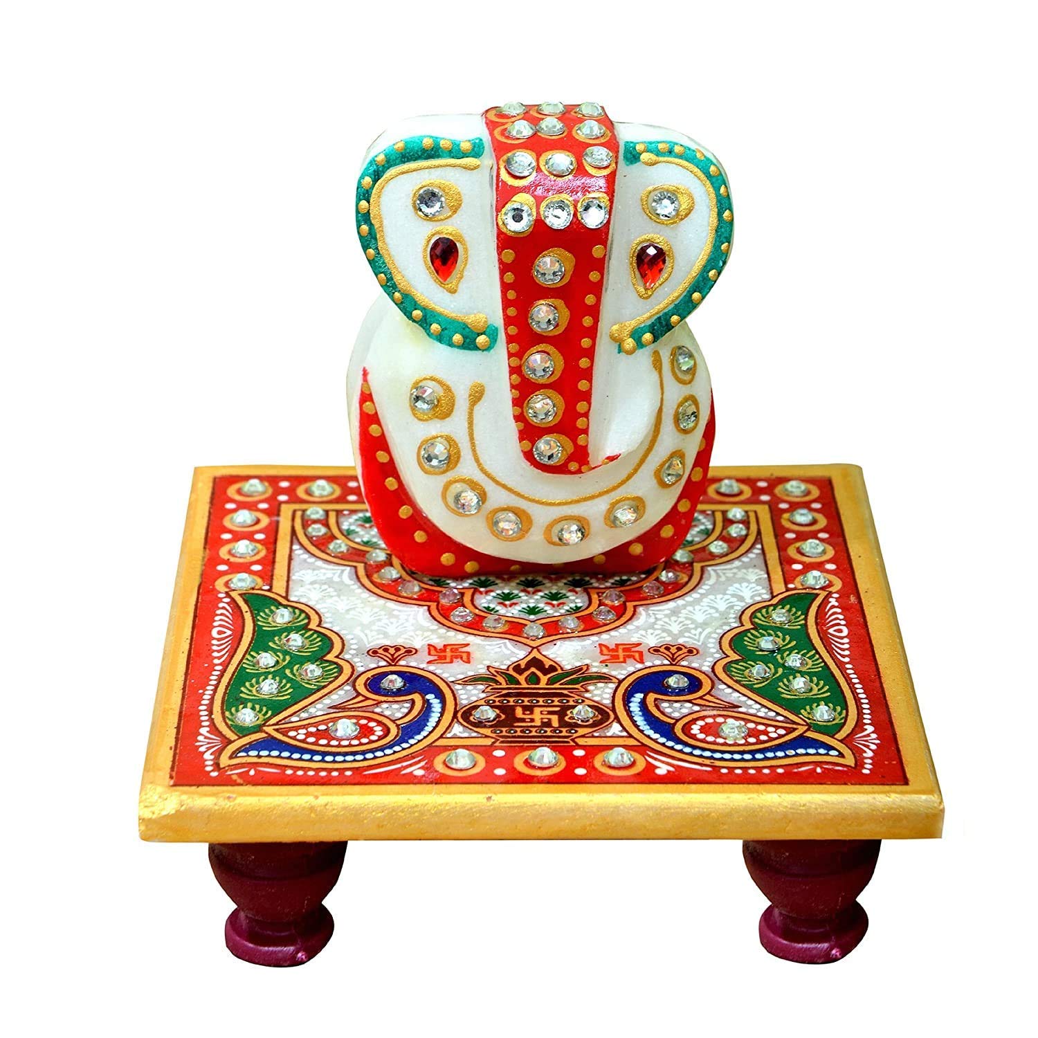 BENAVJI Marble Chowki with Ganesha Idol Hand Painted Ganesh Marble Base Home Decor Traditional Decorative Gift Pooja Wedding Showpiece with Roli Moli - Image 2 thumbnail