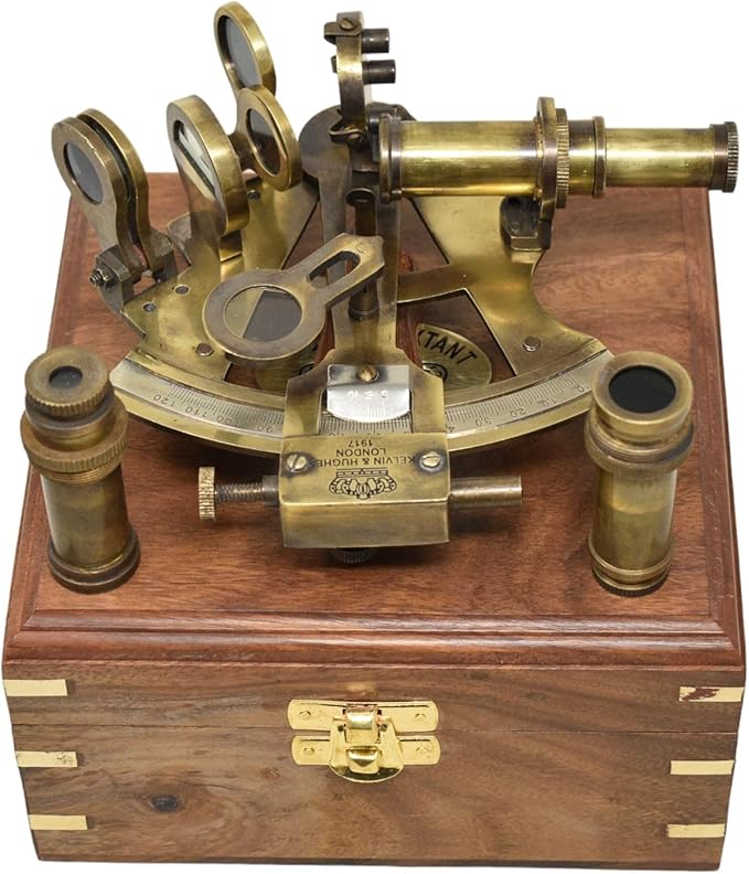 Sextante Náutico de Latón Vintage con Telescopio y Estuche de Madera miniatura 5