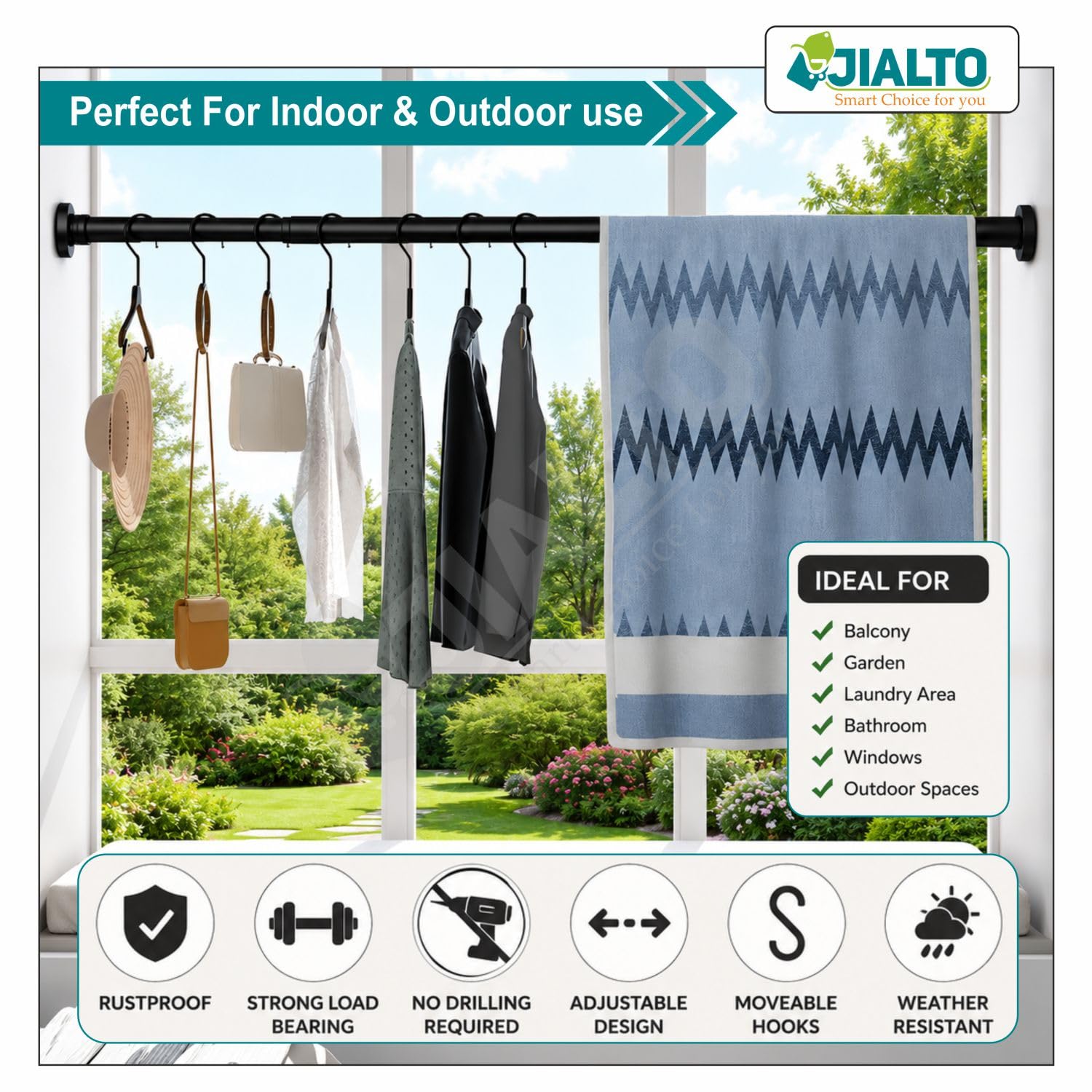 JIALTO Adjustable Bathroom Shower Curtain Rod 155 To 295 Cm Extendable Shower Tension Rod | Without Drill for Wall Anti-Skid Spring Pull Door | Telescopic Shower Curtain Stand (BLACK - 1 Pcs) — Amazon image 3