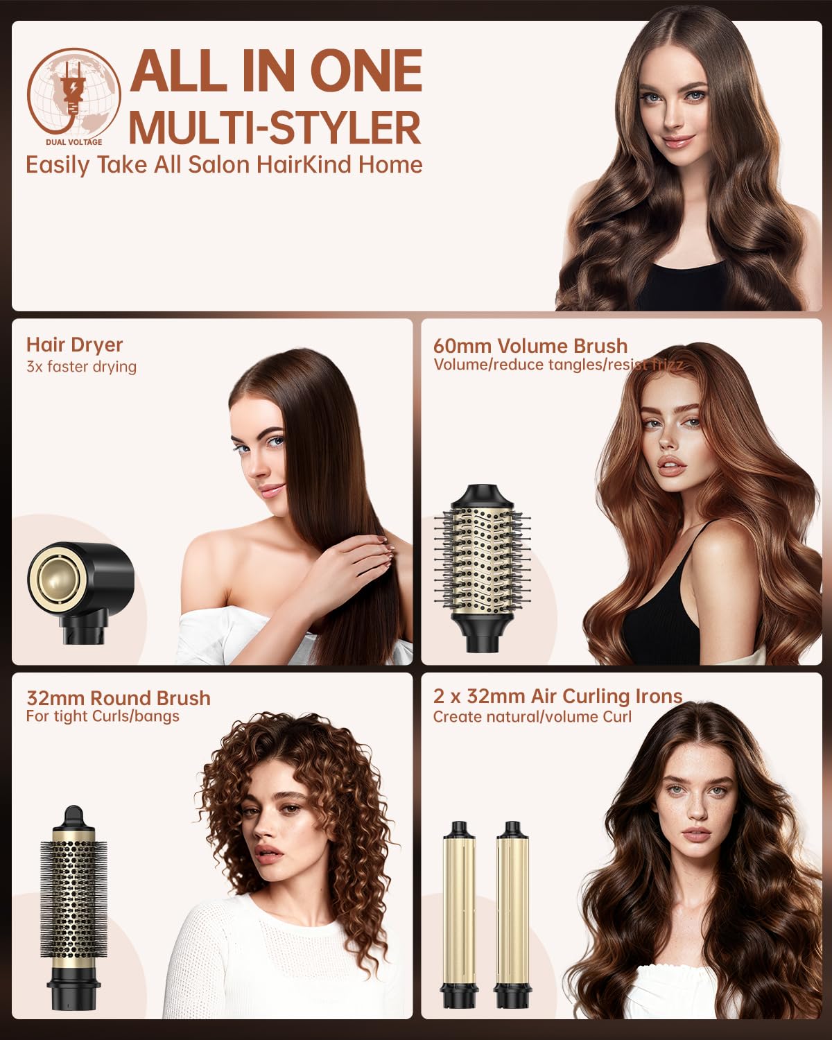 webeauty [podwójne napięcie] 6 w 1 suszarka do włosów, 110 000 obr./min, 25 m/s, 500 milionów jonów ujemnych, z szczotką do suszenia, okrągłą szczotką do suszenia, lokówkami Air Lock, czarna | 110,000 obr./min, 30 M/S, jonowa suszarka do włosów z 2 szczot