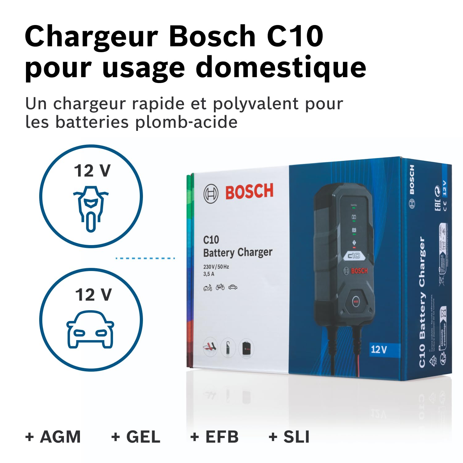 BOSCH Chargeur de Batterie 0189911010 | Avec Fonction de Maintien - Pour Batteries 12 V Plomb-acide, AGM, GEL, EFB et SLI