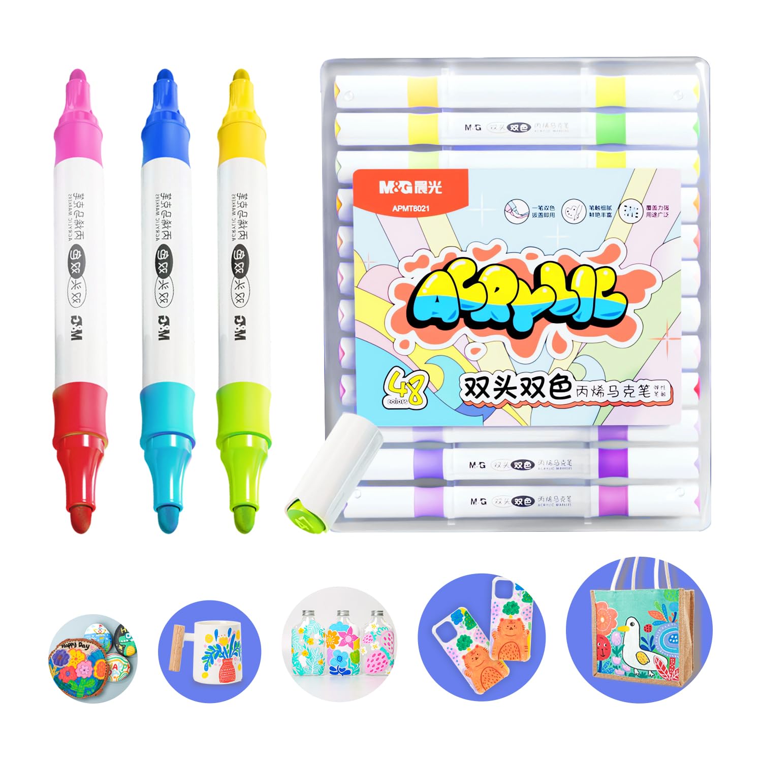 24 PCS Dual Tip Acrylic Paint Pens, 48 Colors Acrylic Paint Markers with double color, Acrylic Markers for Rock Painting, Stone, Wood, Calligraphy, Canvas, Ceramic, Metal, Glass, DIY Crafts