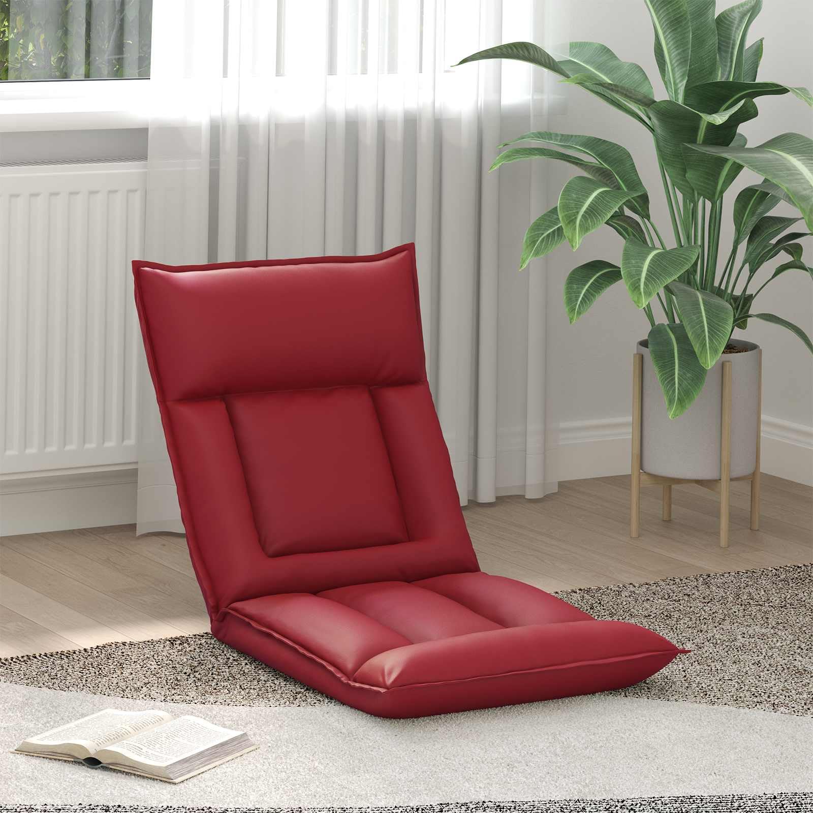 Regulowane krzesło podłogowe ze sztucznej skóry w kolorze czerwonego wina z wielopozycyjnym oparciem do salonu, gier, czytania i jogi, ergonomiczny komfort, łatwe w pielęgnacji, składane, dla
