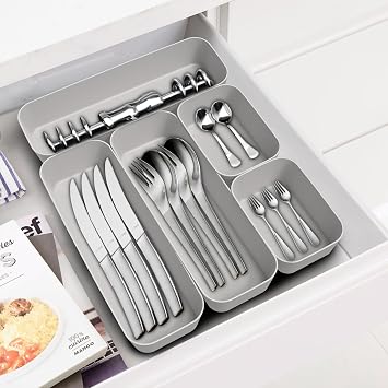 Drawer Organiser Box Organiser Drawers Organiser System 16 Pieces Kitchen Bathroom Cosmetic Spice Storage Organiser Drawer Plastic Office Desk Divider with Silicone Mats (Light Grey)