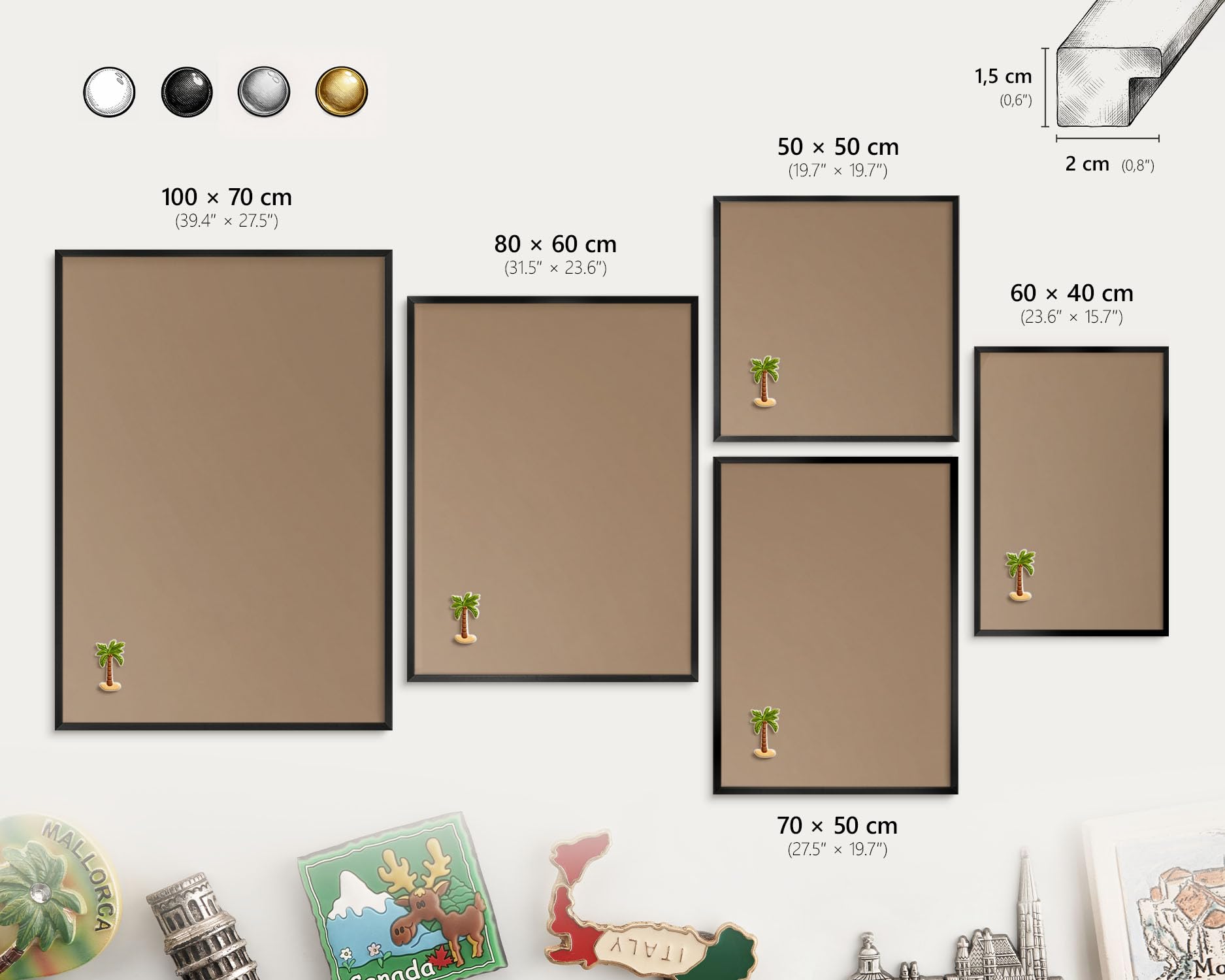 Panel Magnético Creativo 60x40 cm | con Marco Negro | Marrón Claro Cálido | Montaje Fácil | Pizarra de Pared Escolar | Para Letras Magnéticas, Números, Notas de Estudio y Calendario