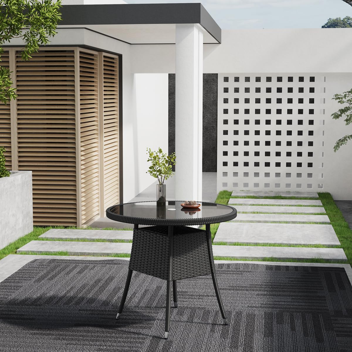 Warmiehomy Garden Table 80cm Outdoor Coffee Table Rattan Bistro Patio Tables with Parasol Hole Tempered Glass Tabletop Round Outdoor Side Tables, Black