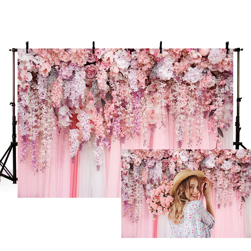 MEHOFOND 7x5ft Pink Flower Background Floral Blossom Girl Birthday Party Baby Shower Wedding Bridal Shower Banner Portrait Photography Video Studio Photo Backdrop Props