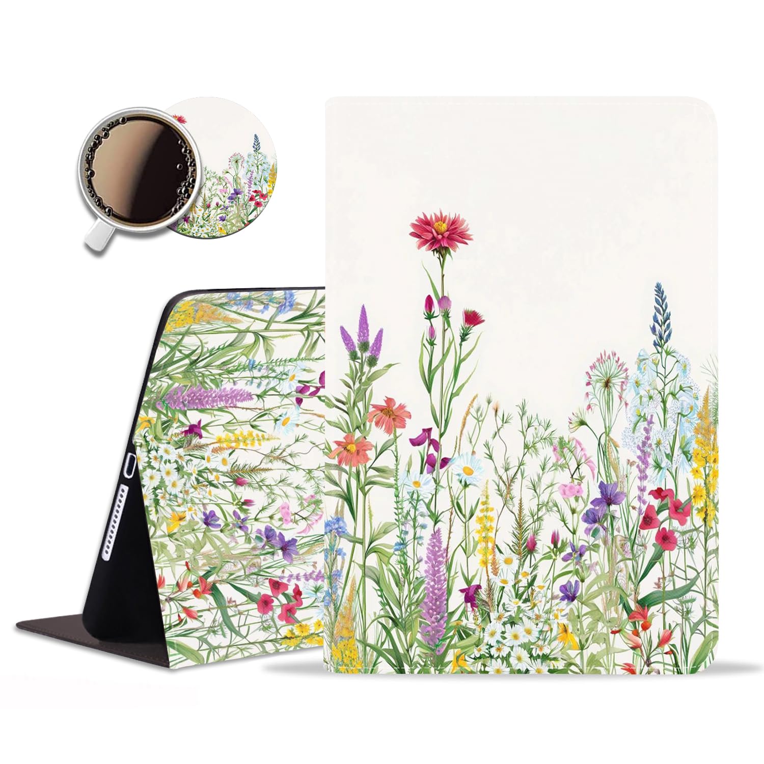 Som Lam iPad Case, Protective PU Leather Folio for iPad Mini 5/4/3/2/1, Includes Coasters Set, Auto Sleep/Wake, Magnetic Stand - Floral Green Leaf