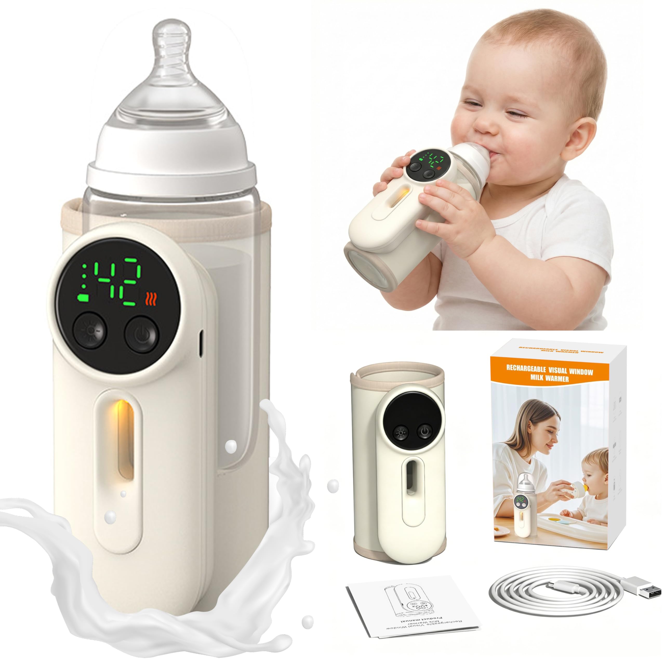 Wood Homing Tragbarer Flaschenwärmer Baby – Kabelloser Babyflaschenwärmer mit 6 Temperaturstufen 360° Schnellheizung LED Display Nachtlicht für Muttermilch unterwegs Auto Zuhause Outdoor