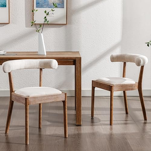 Kmax Sillas de comedor de mediados de siglo, sillas de cocina de tela moderna con marco con acabado de nogal natural, respaldo curvado de lino,