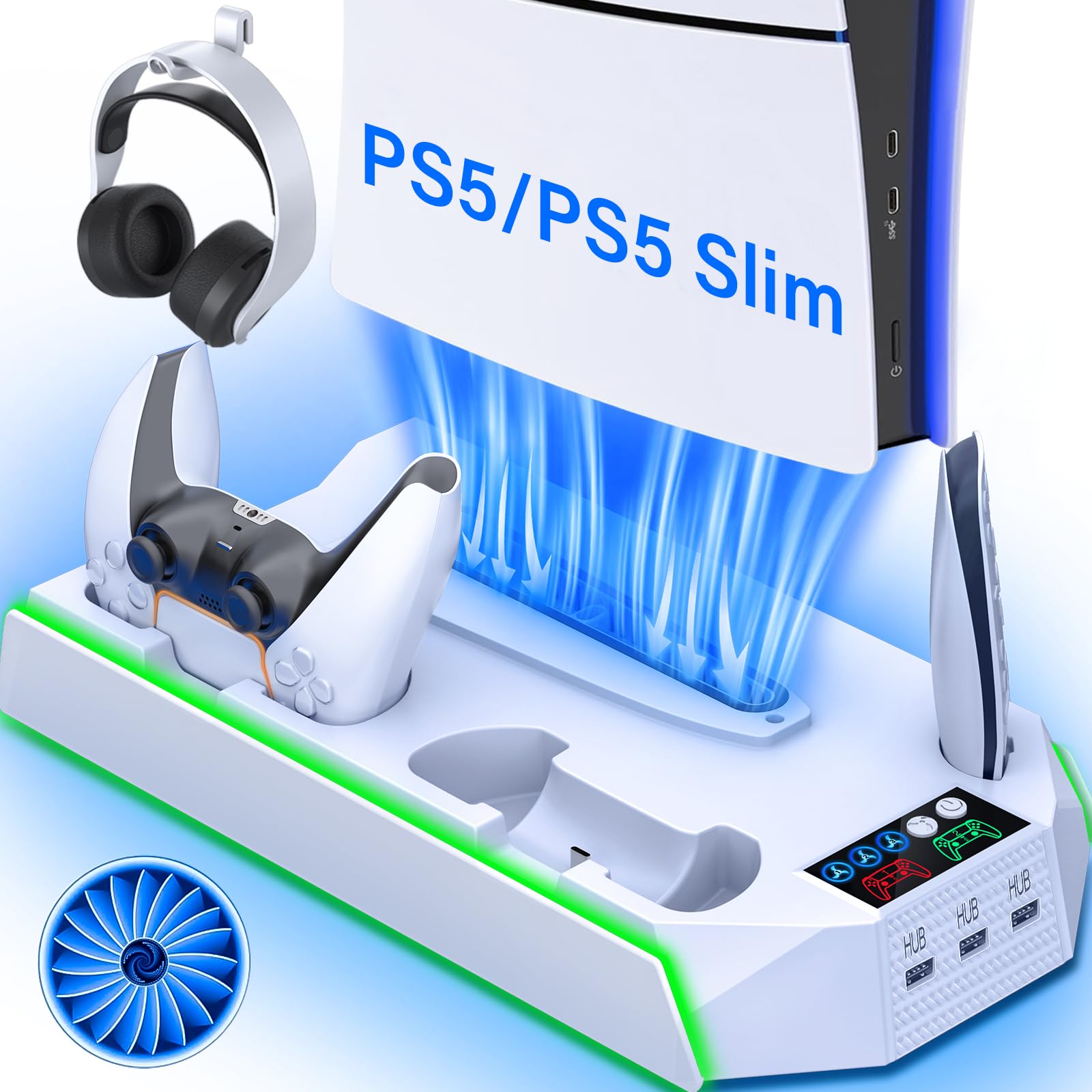 PS5 PS5 Slim Cooling Station with Controller Charging Station - LED Light Cooling Stand for Playstation 5 Slim