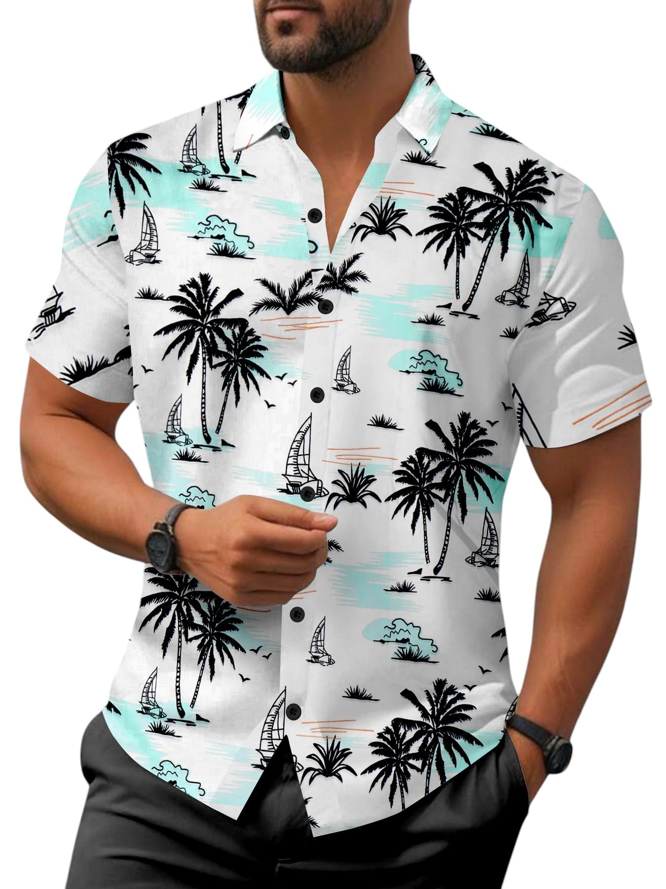 Tropical Print Button-Down Shirt, Palm Trees and Sailboats, White (in, Alpha, M, Regular, White)