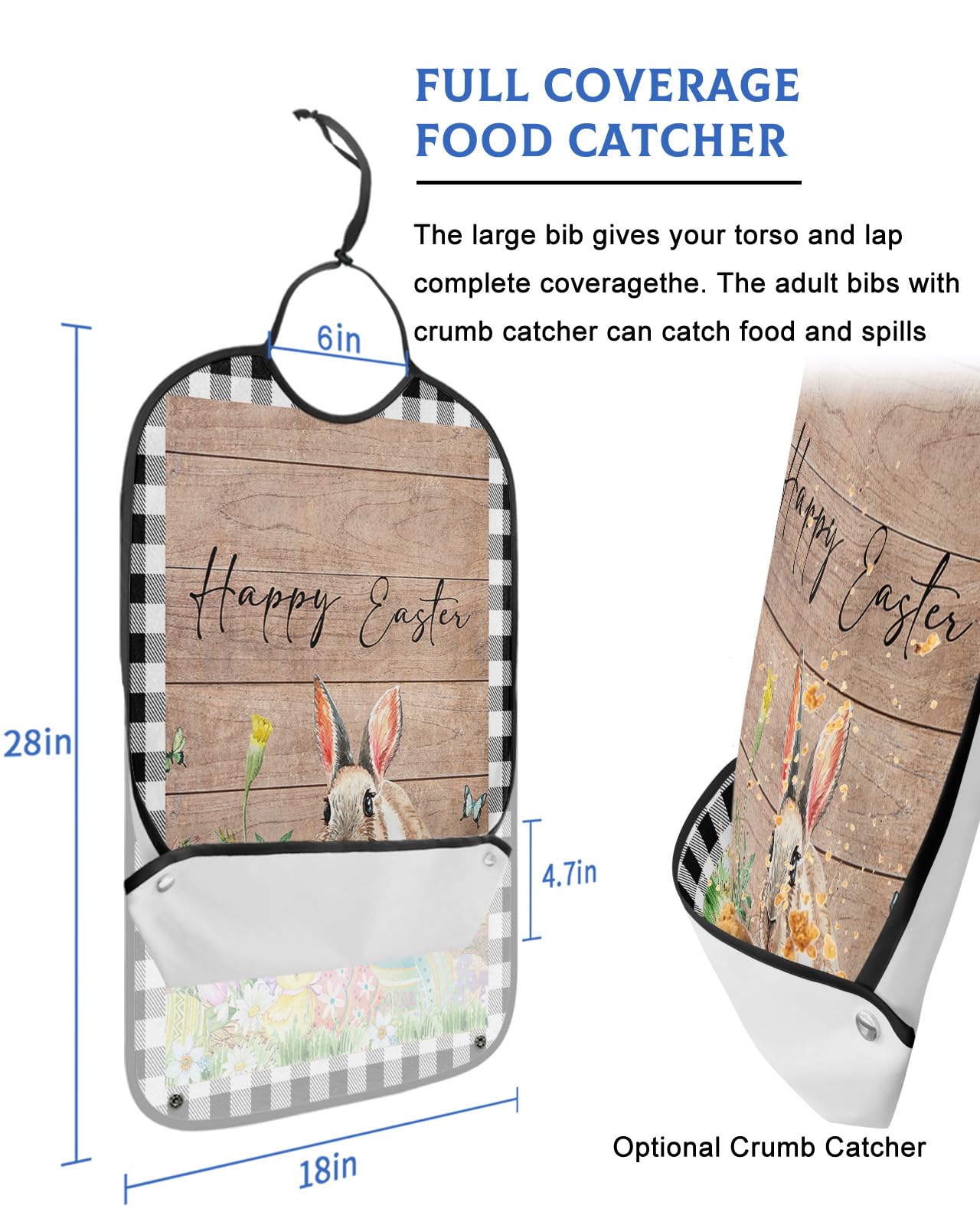 Spring Easter Adult Bibs for Eating, Waterproof Bibs with Food Catcher & Adjustable Snap Closure, Black White Plaid Bunny Colorful Eggs Wood Clothing Protectors Adult Bibs for Elderly Women/Men