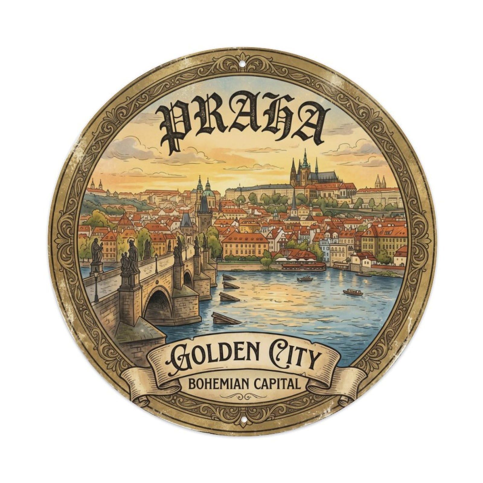 Vintage Travel Prague Charles Bridge Metal Tin Sign Plaque Wall Decor for Cafe, Club Bar, Office, Home Garden Round Metal Poster 8x8Inch