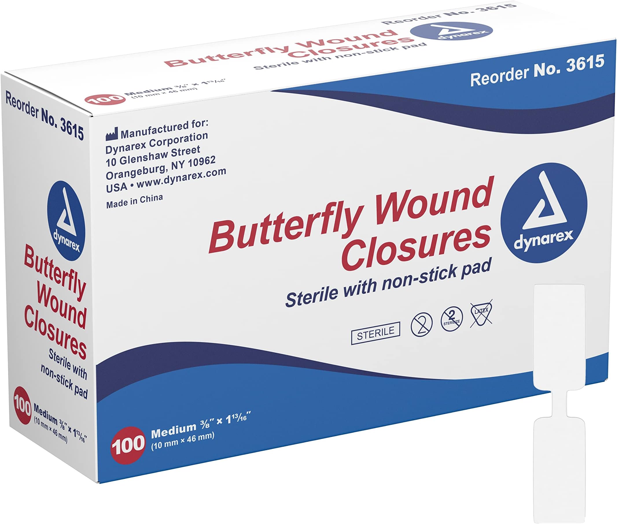 Dynarex Adhesive Bandage, Butterfly Fab, Medium, 3/8 Inches x 1 13/16 Inches Sterile, White, 100 Count