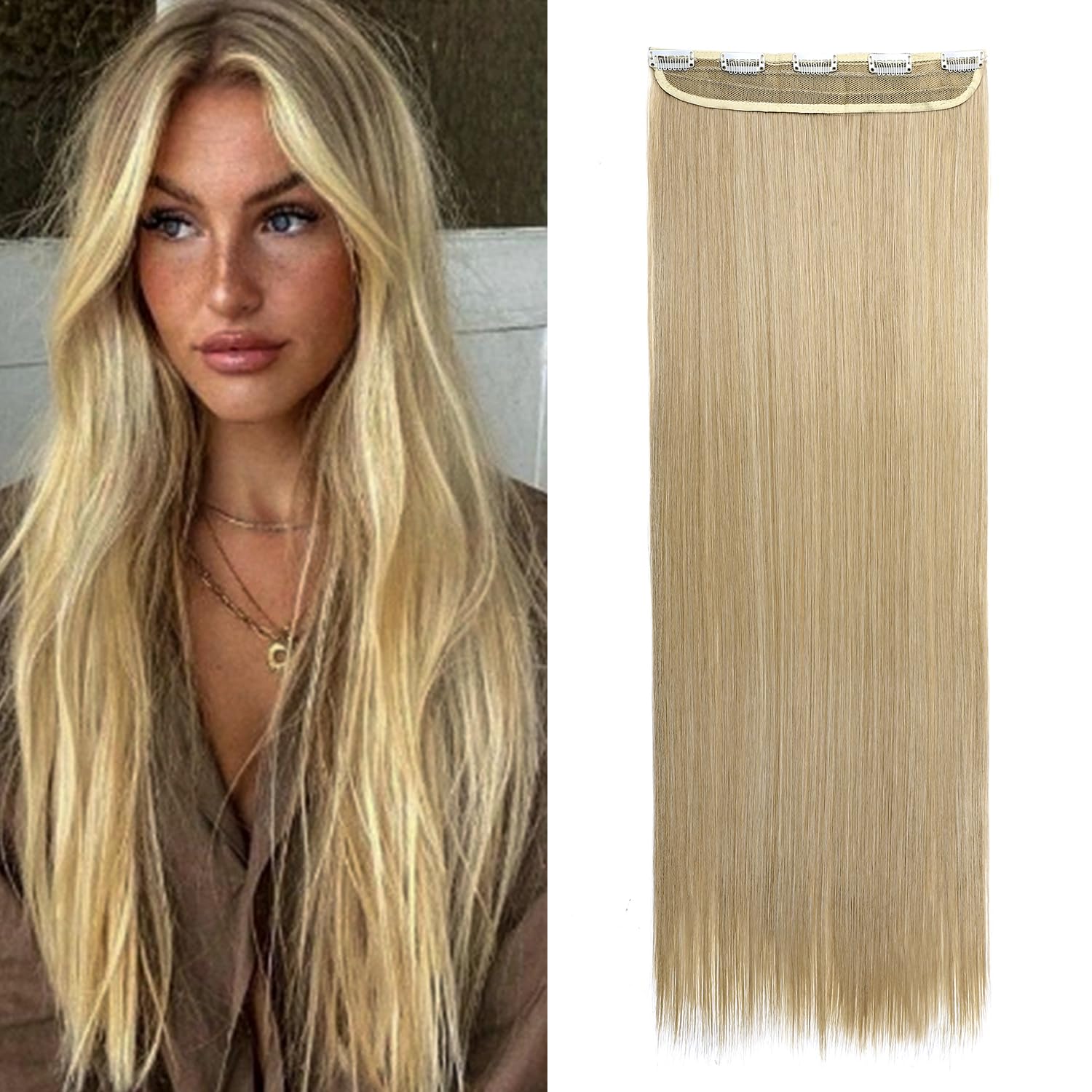 S-noilite One Piece 30" Long Straight Clip-in Hair Extensions Ash Blonde Thick Hair Piece for Women - Full Head Natural Soft Synthetic Fiber