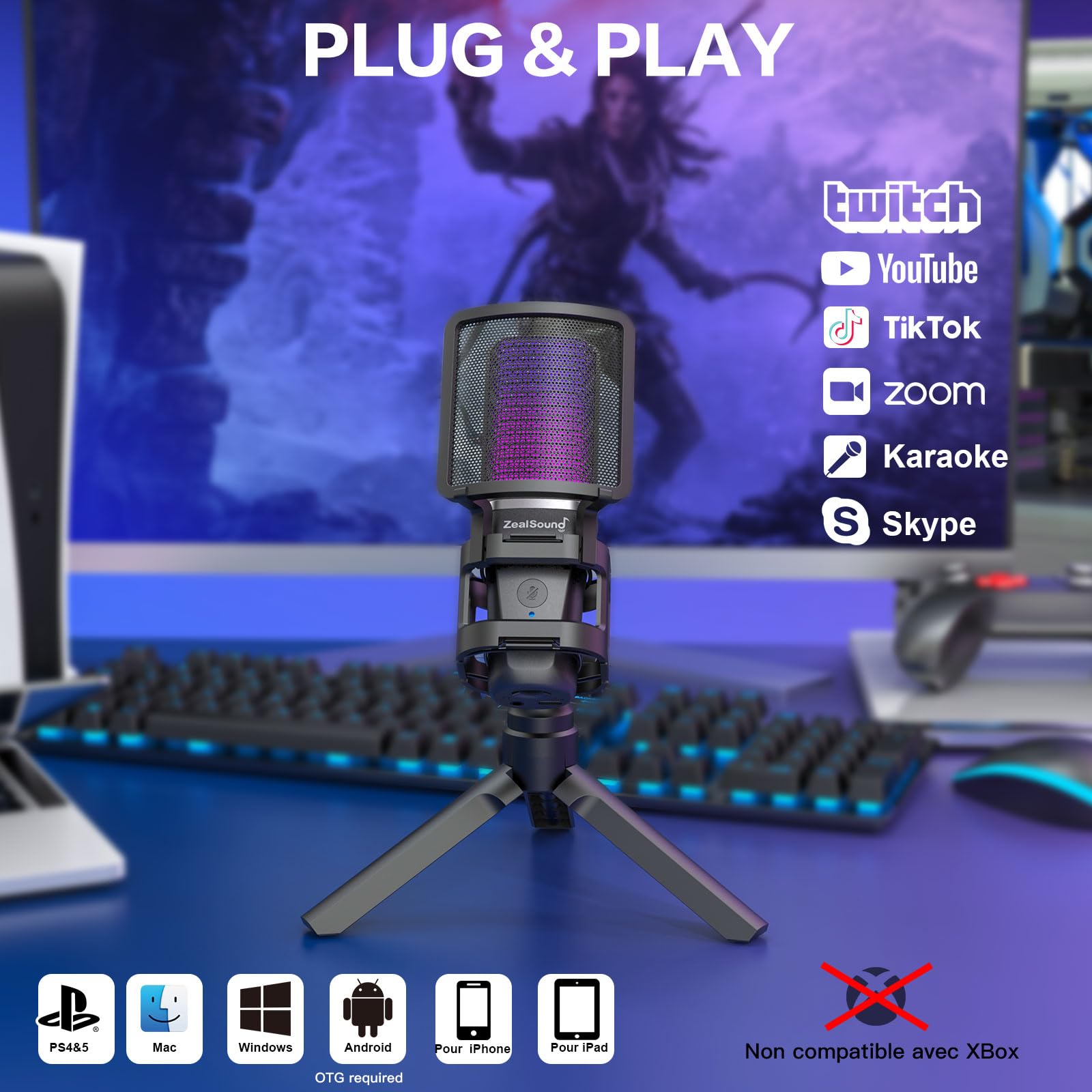 zealsound Micro Gaming, Microphone USB pour PC, Portable, Bureau, et Téléphonem, PS4, PS5, Mac, pour Streaming Podcast,avec Adaptateur de Type C, Contrôle RGB, Sourdine,Support Anti-Choc