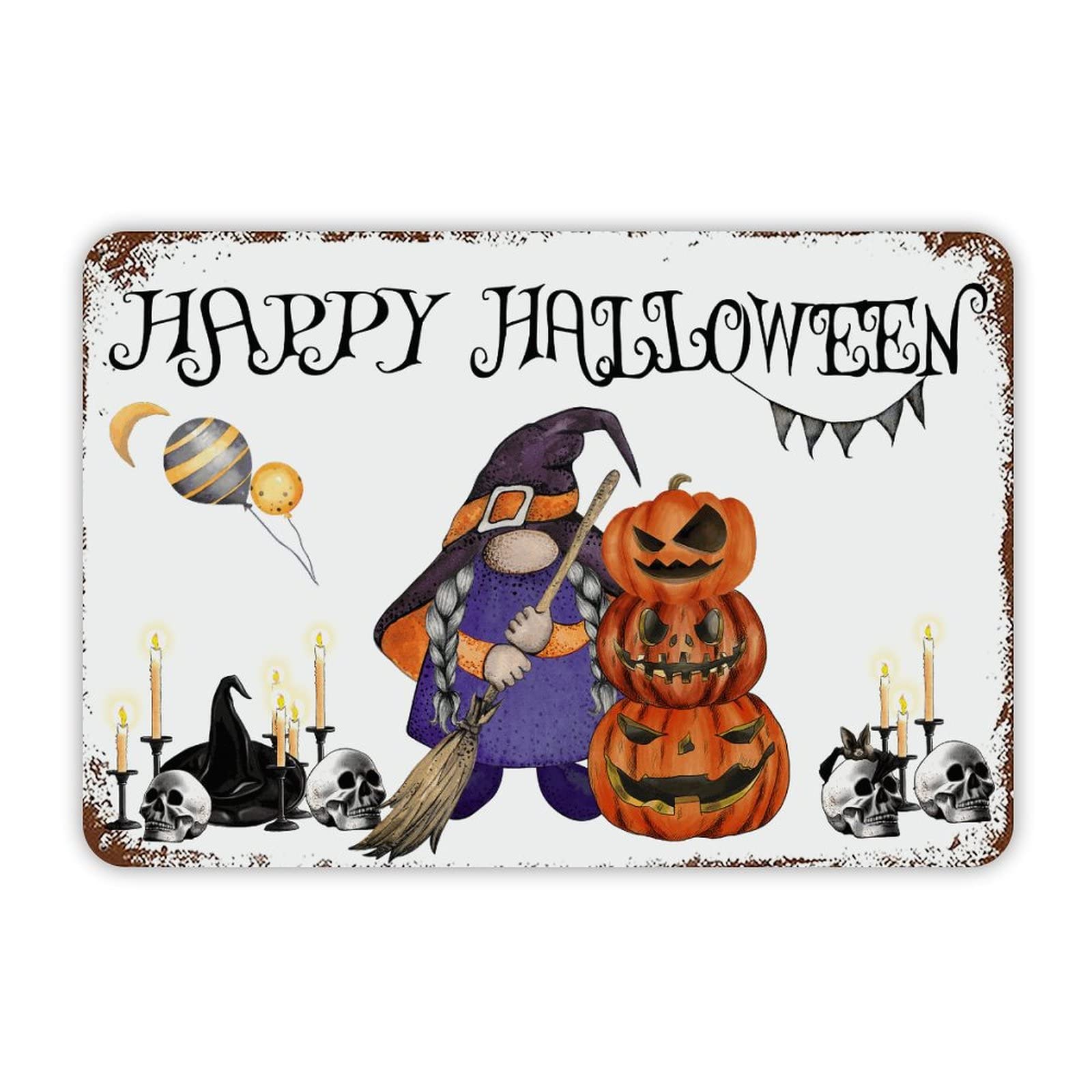 ENEDNATE Farmhouse Rustic Aluminum Sign Happy Halloween Gnome Pumpkin Skull Metal Sign Retro Aluminum Tin Sign for Kitchen Bedroom Living Room Wall Art Door Hanger Home Decor Sign 8x12 Inch
