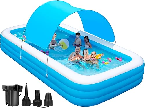 Piscina inflable grande con dosel, 145 x 74 x 22 pulgadas, piscina inflable gruesa de gran tamaño para la familia, piscina extragrande con bomba