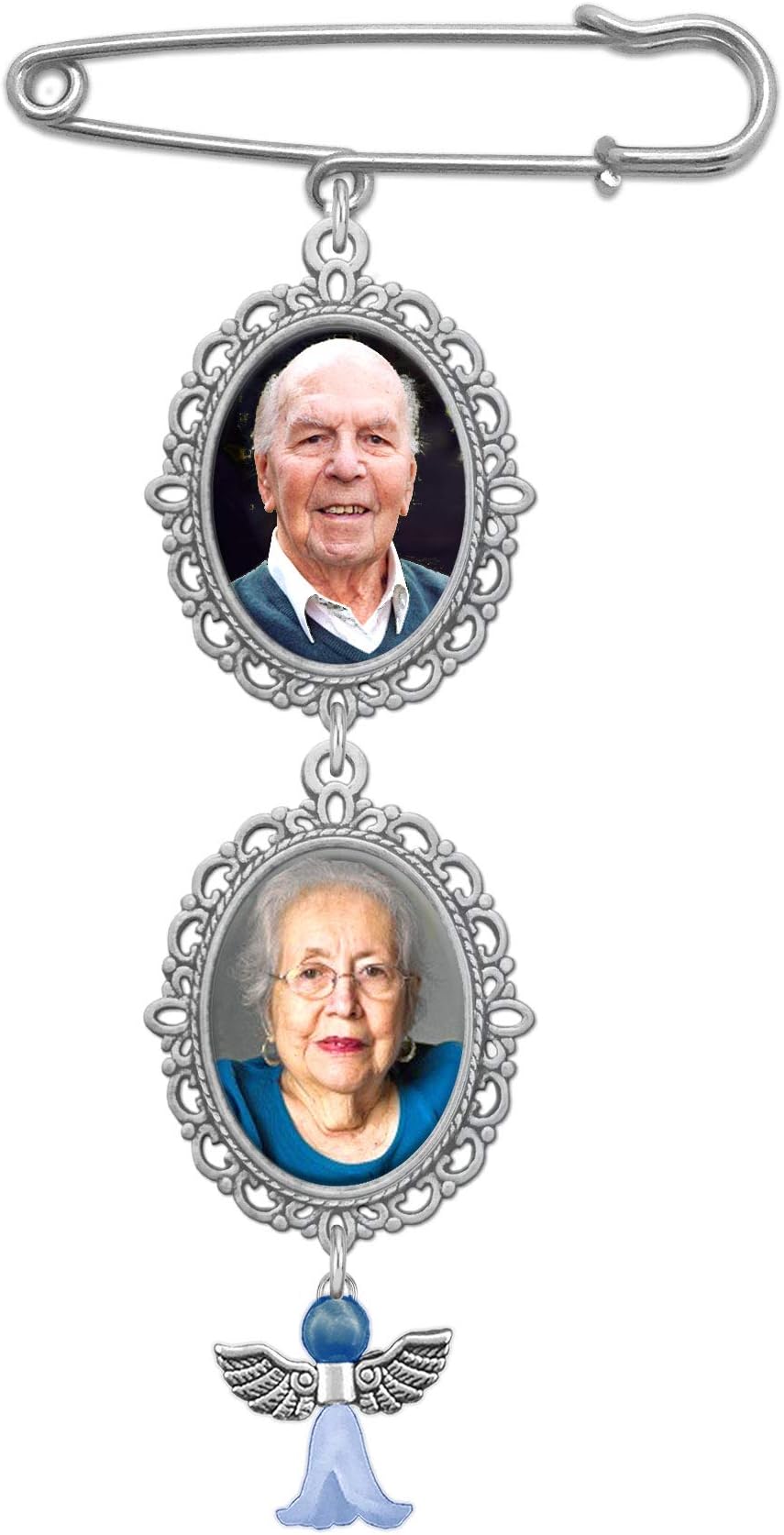 Something Blue Wedding Bouquet Photo Charm Double Frame Pin Lacy Oval Bridal Charm, Silver Plate
