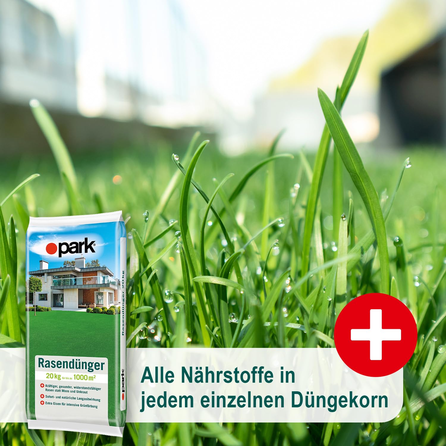 Park Rasendünger 20kg für bis zu 1000m², sorgt für einen gesunden, tiefgrünen und widerstandsfähigen Rasen statt Moos und Unkraut