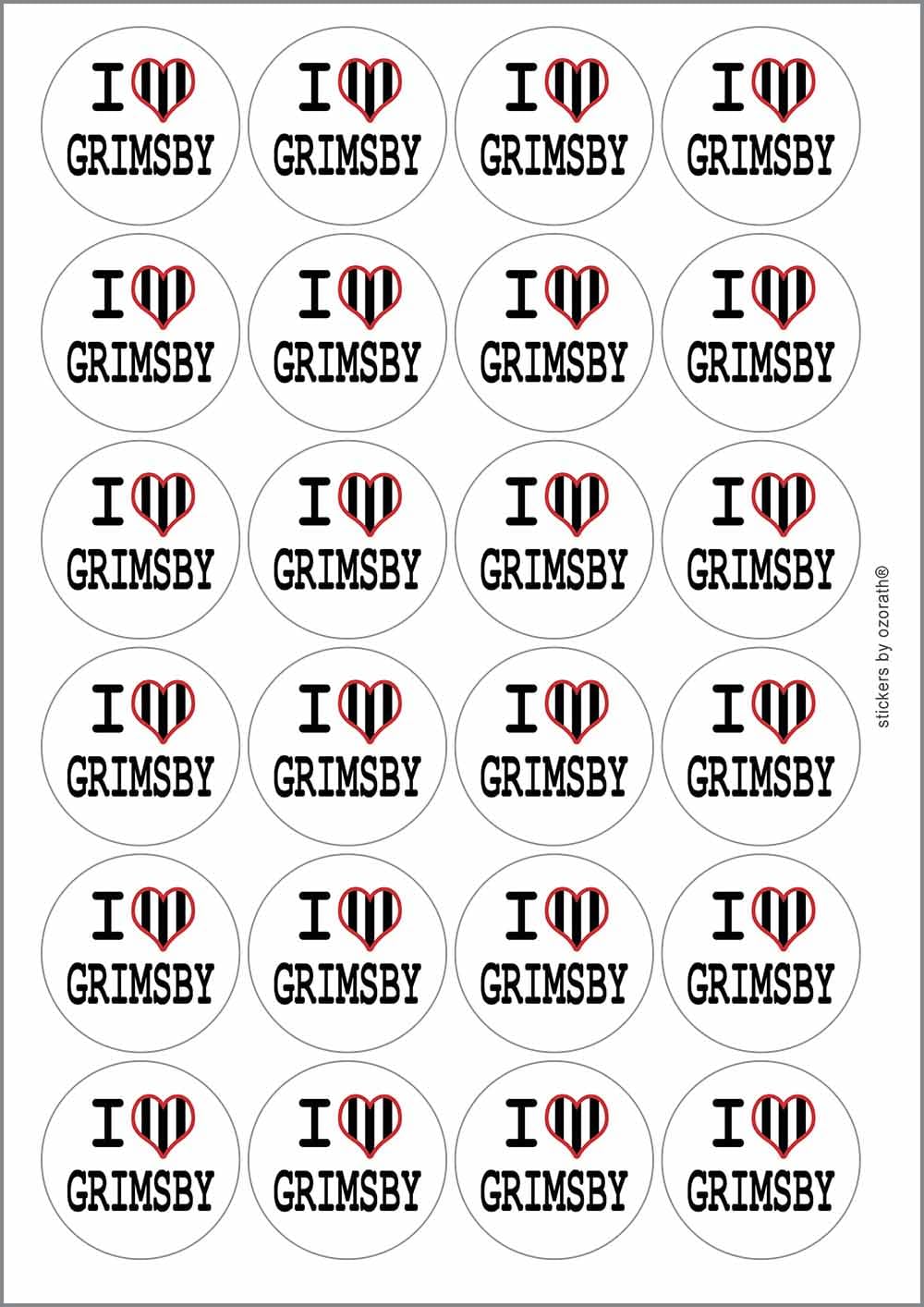 I Heart Love Grimsby Circular Matt Paper Stickers A4 Sheet of 24 (Each Sticker is 45mm Diameter)
