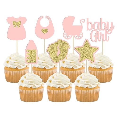 Gyufise 28 piezas de decoración para cupcakes para baby shower, con purpurina dorada, con estampado de estrellas, pezón de bebé, niña, decoración de