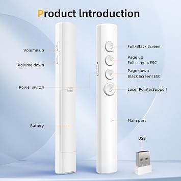 Wireless Presentation Clicker for Powerpoint Slideshow, Office/Classroom PPT Remote Presenter Pointer Slide Advancer with USB Receiver for Computer/MacBook Laptop/PC White Red Light