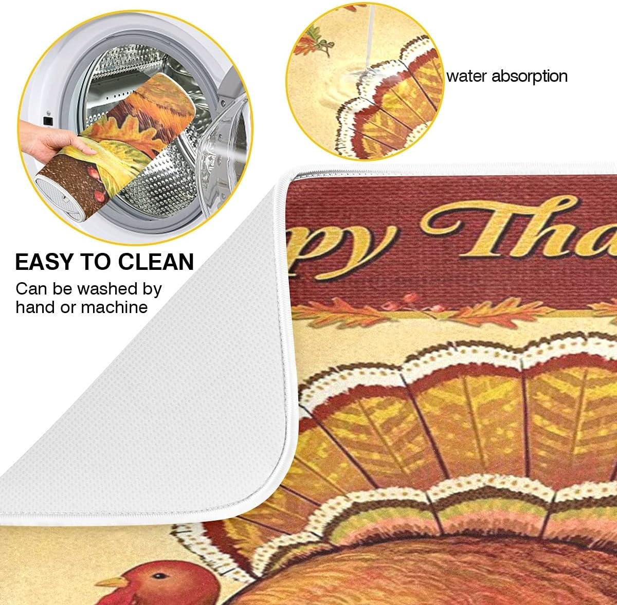 Happy Thanksgiving Day Turkey Microfiber Dish Drying Mat 16x18 for Kitchen Counter Pumpkin Sunflower Maple Leaves Fall Dishes Pad Dish Drainer Rack Mats Absorbent Fast Dry Dish Draining Mat Small