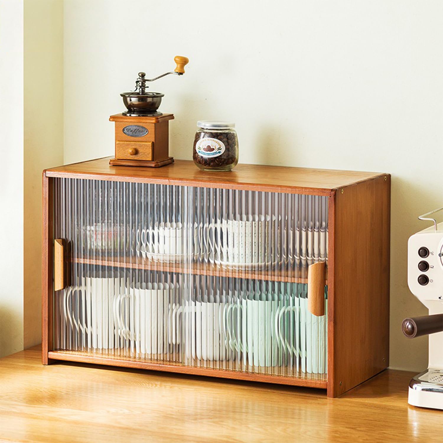 Aparador de despensa de cocina de bambú con dos puertas de cristal, armario de almacenamiento independiente para platos, cuencos, tazas, exhibición multifuncional