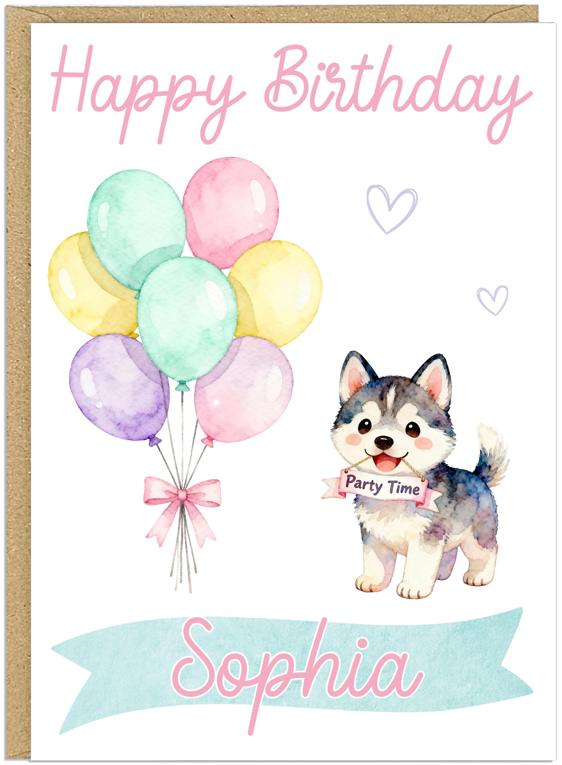 Personalised Happy Birthday Dog Breed Card - Custom Add Own Name Cute Puppy Dog Breed Design - Fun Pastel Puppy Birthday Greeting Cards for Girls Kids Teens Granddaughter (Husky)