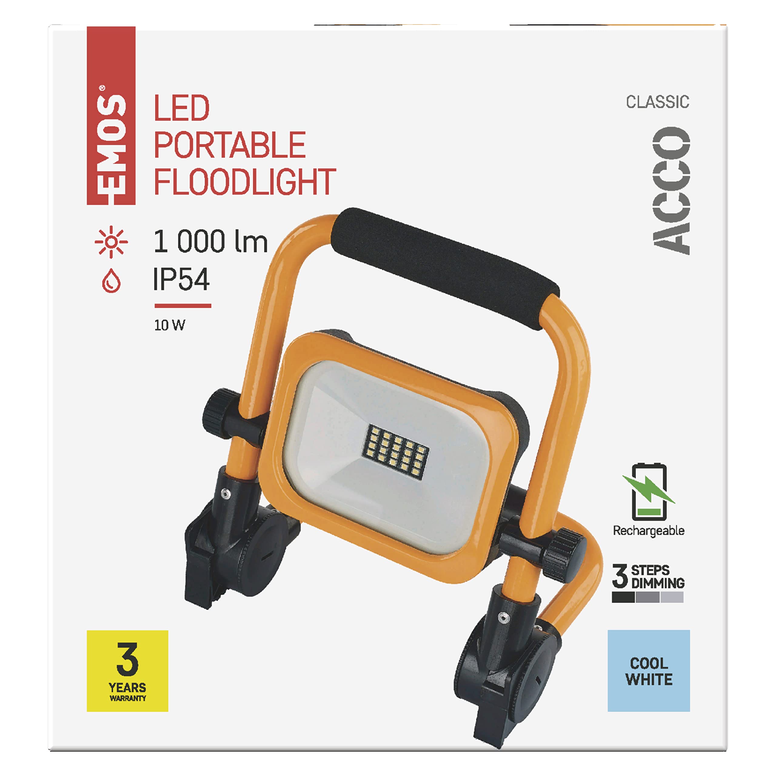 EMOS Reflektor akumulatorowy LED 10 W, wodoszczelny, przenośny reflektor budowlany z podstawą i uchwytem, 3 tryby świecenia o maks. jasności 1000 lm, 6500 K, ładowany 4400 mAh, klasa ochrony IP54,